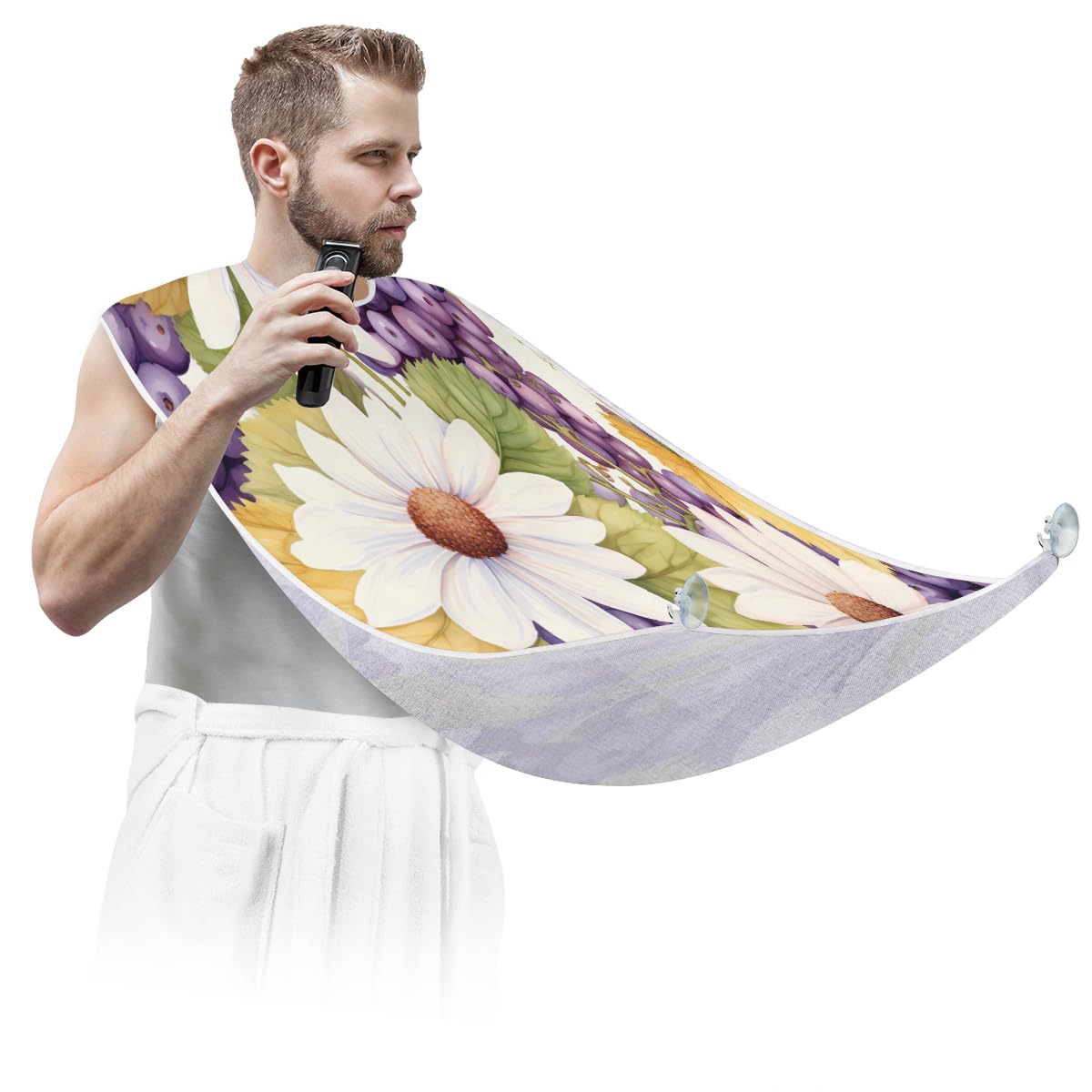 Men's Grape Flower Print Shaving Bib - Waterproof Beard Trimming Apron for Hair Dye & Makeup Artists - Sink Hair Catcher with Adjustable Neck Strap (Great for Barbershops, Home Grooming & Salon Styling)