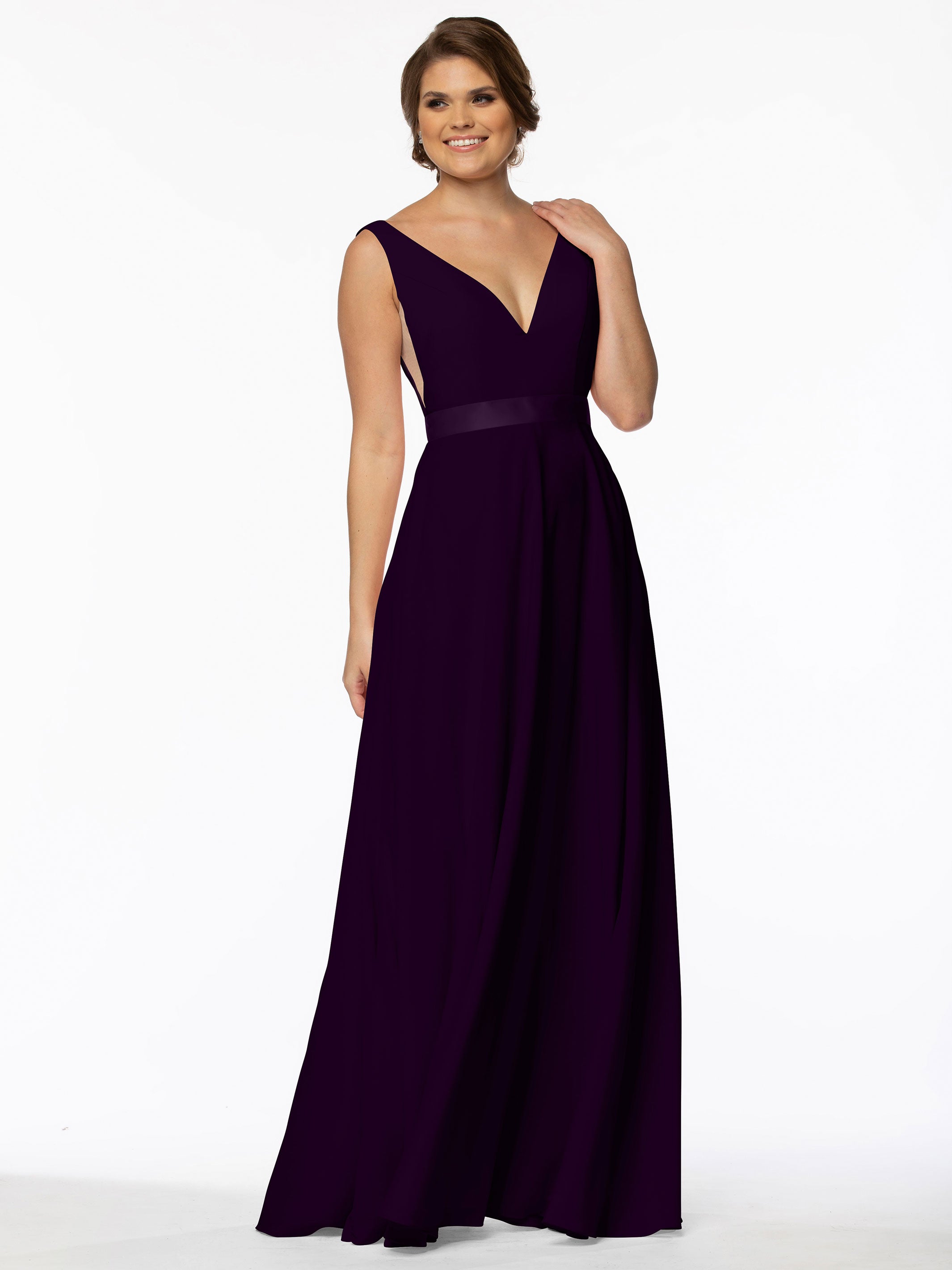 Elegant 80117 Stretch Chiffon A-Line Bridesmaid Dress with V-Neck & Sash - Perfect for Weddings, Formal Events & Special Occasions