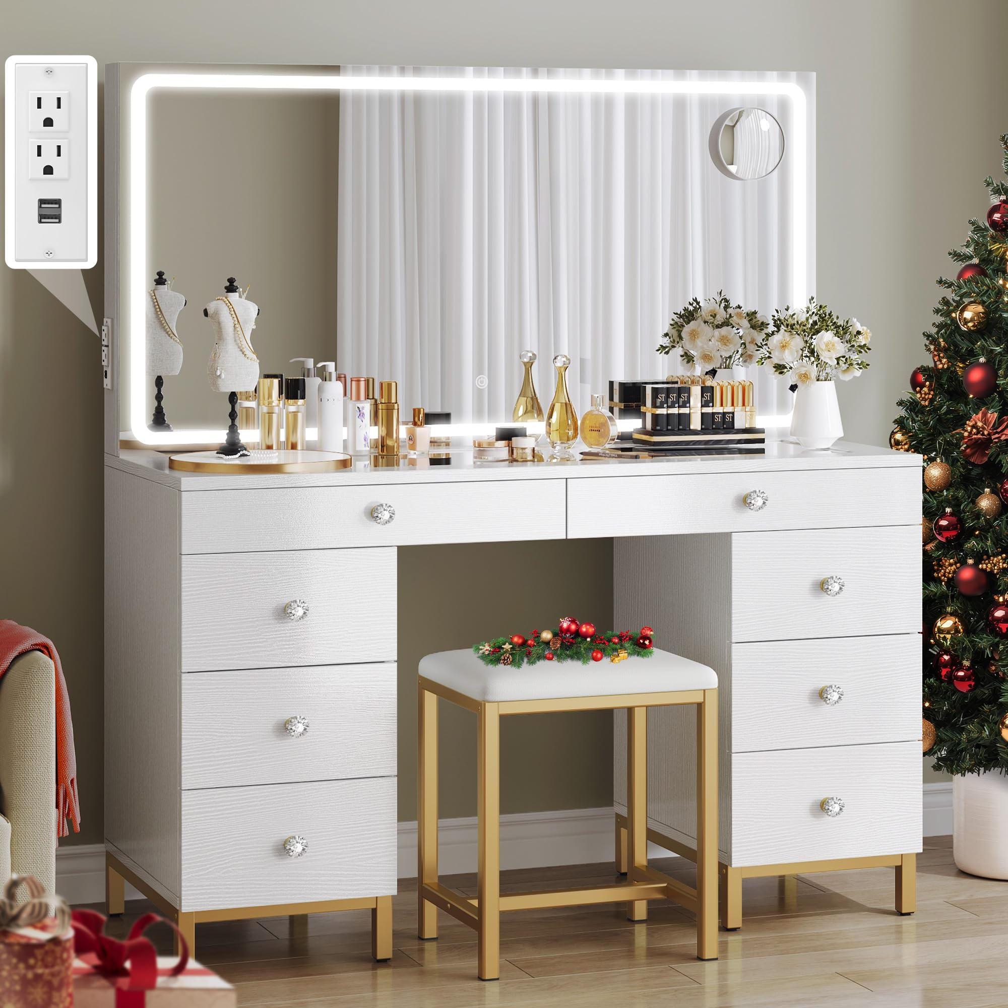 DWVO Vanity Desk with LED Lighted Mirror, Power Outlet & Magnifying Glass - 8 Drawers Makeup Dressing Table with 3 Color Modes, White | Perfect for Bedroom, Dressing Room & Home Salon Organization