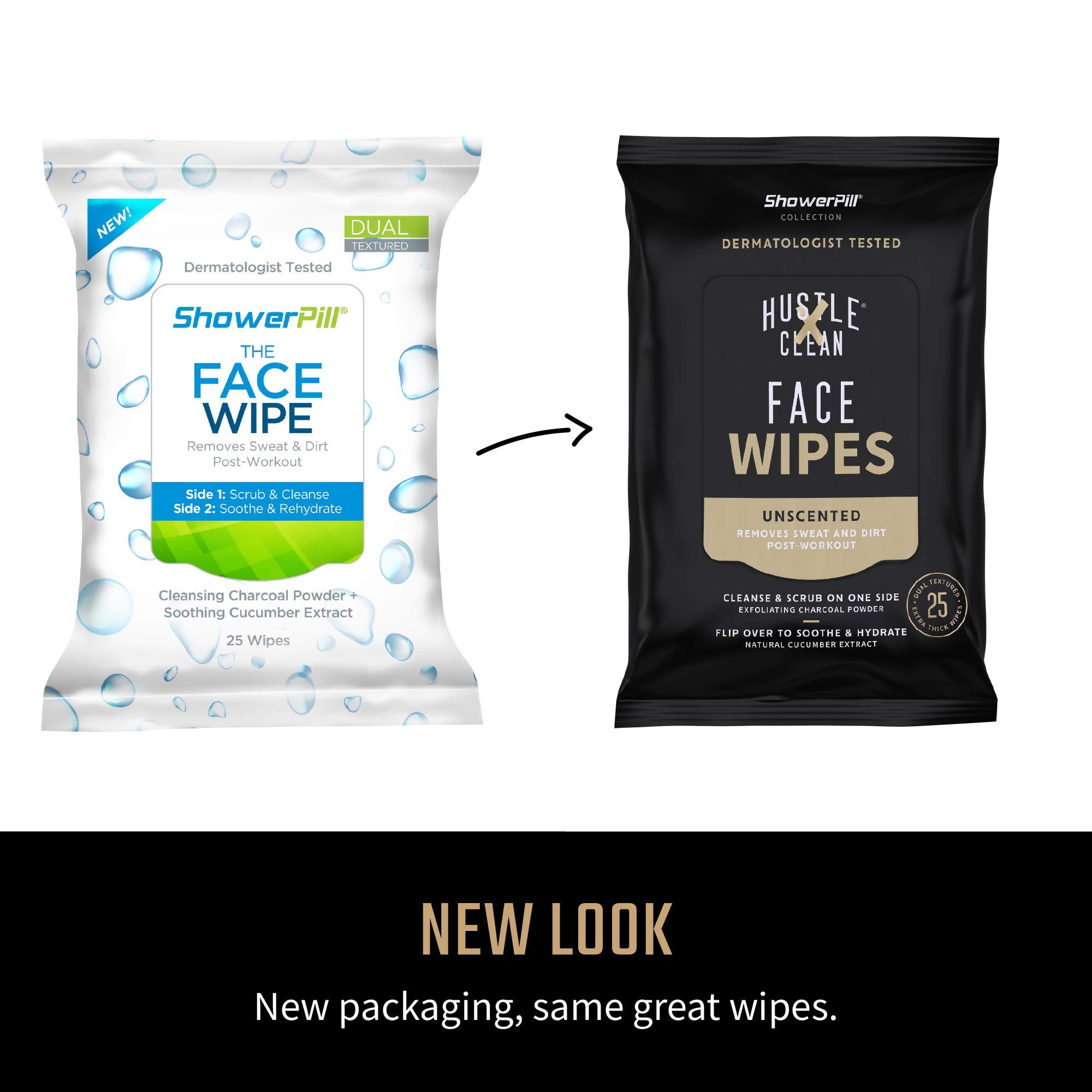 **Hustle Clean ShowerPill Face Wipes - 100 Count, Dual-Textured Cleansing Cloths with Charcoal & Cucumber for Deep Cleansing - Perfect for Gym, Travel & Post-Workout Refresh**