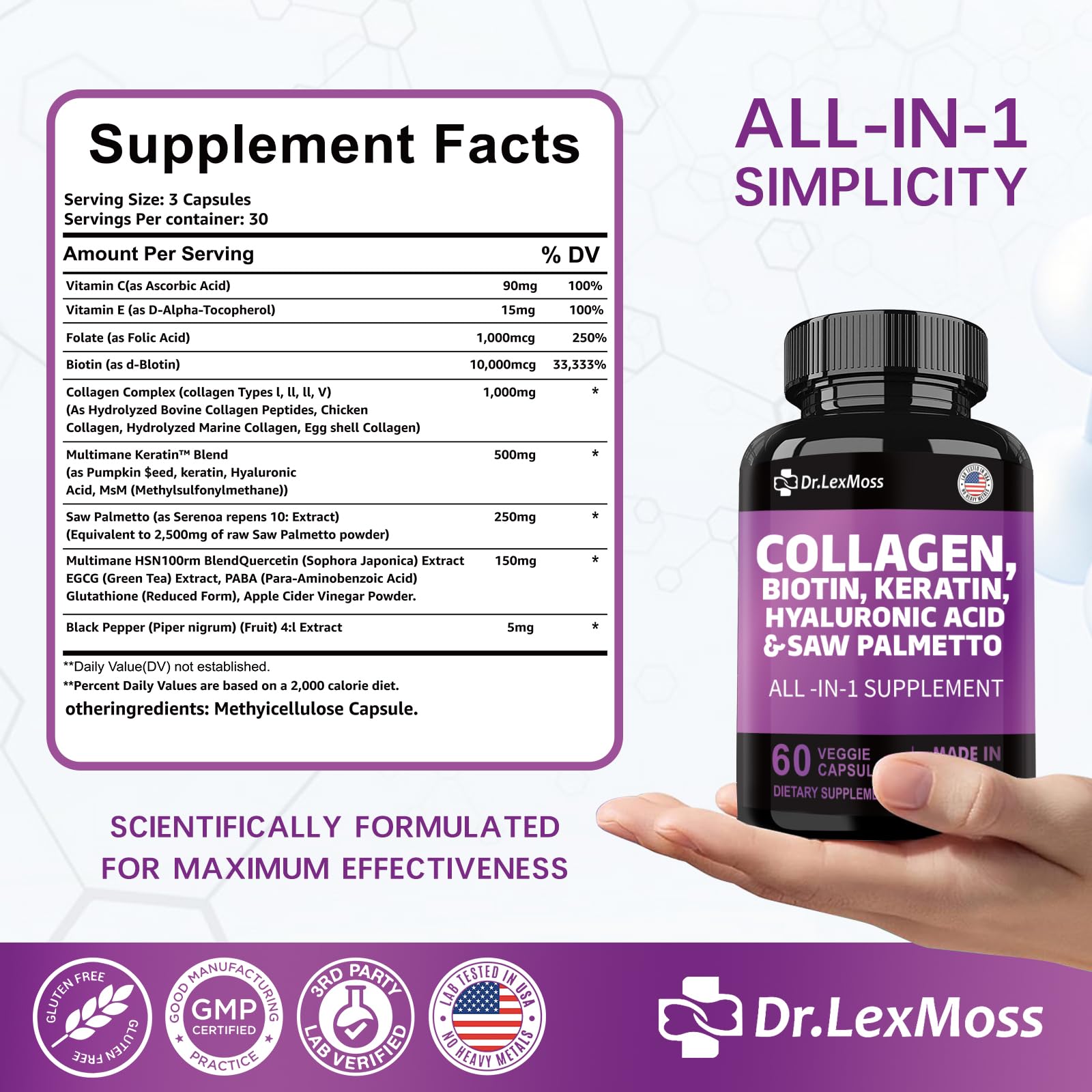 Premium Hair Skin & Nails Supplement with Collagen, Biotin, Keratin & Hyaluronic Acid - Vitamin E, Folic Acid, DHT Blocker & Pumpkin Seed for Men & Women - 60 Capsules for Stronger Hair & Healthier Skin