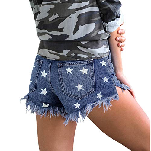 Sexy Women's Mid Waist Butt Lift Skinny Denim Shorts - Frayed Raw Hem & Stars Print Ripped Jeans (Dark Blue, US Size 6-8) | Perfect for Summer Outfits, Parties & Casual Wear