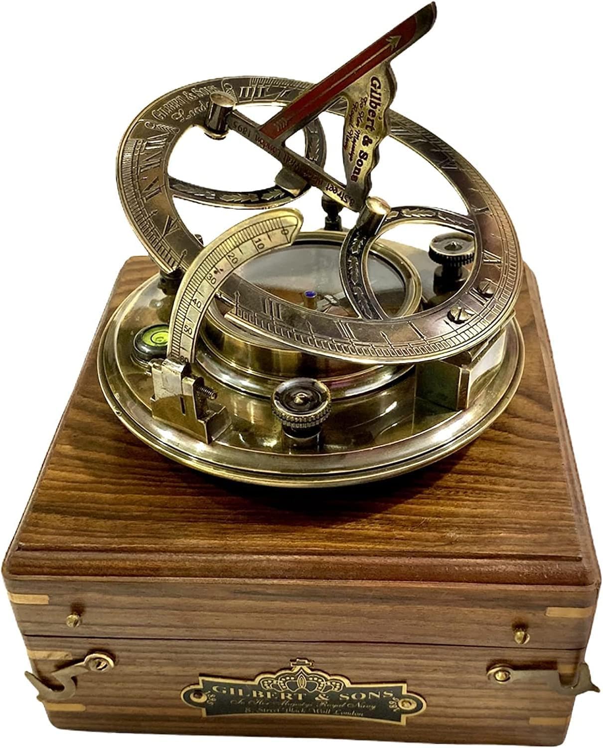 5 Inch Engraved Brass Sundial Clock with Rosewood Case - Vintage Sun Dial Compass for Outdoor, Garden & Home Decor - Unique Calibrated Gift for Men, Collectors & History Enthusiasts