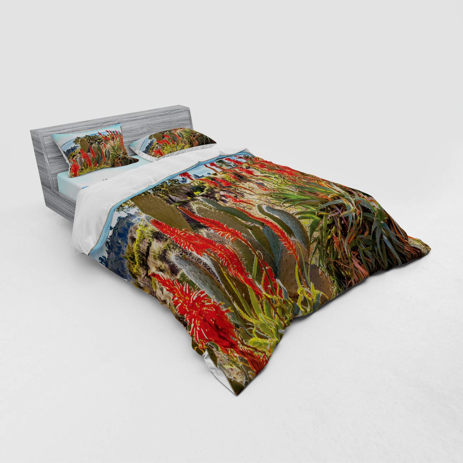Ambesonne Queen Size 4-Piece Cactus Duvet Cover Set - Desert Mountain Landscape with Sea View, Flowers & Cactus Print Bedding Set Includes Shams & Fitted Sheet, Multicolor | Perfect for Boho, Desert & Coastal Themed Bedrooms
