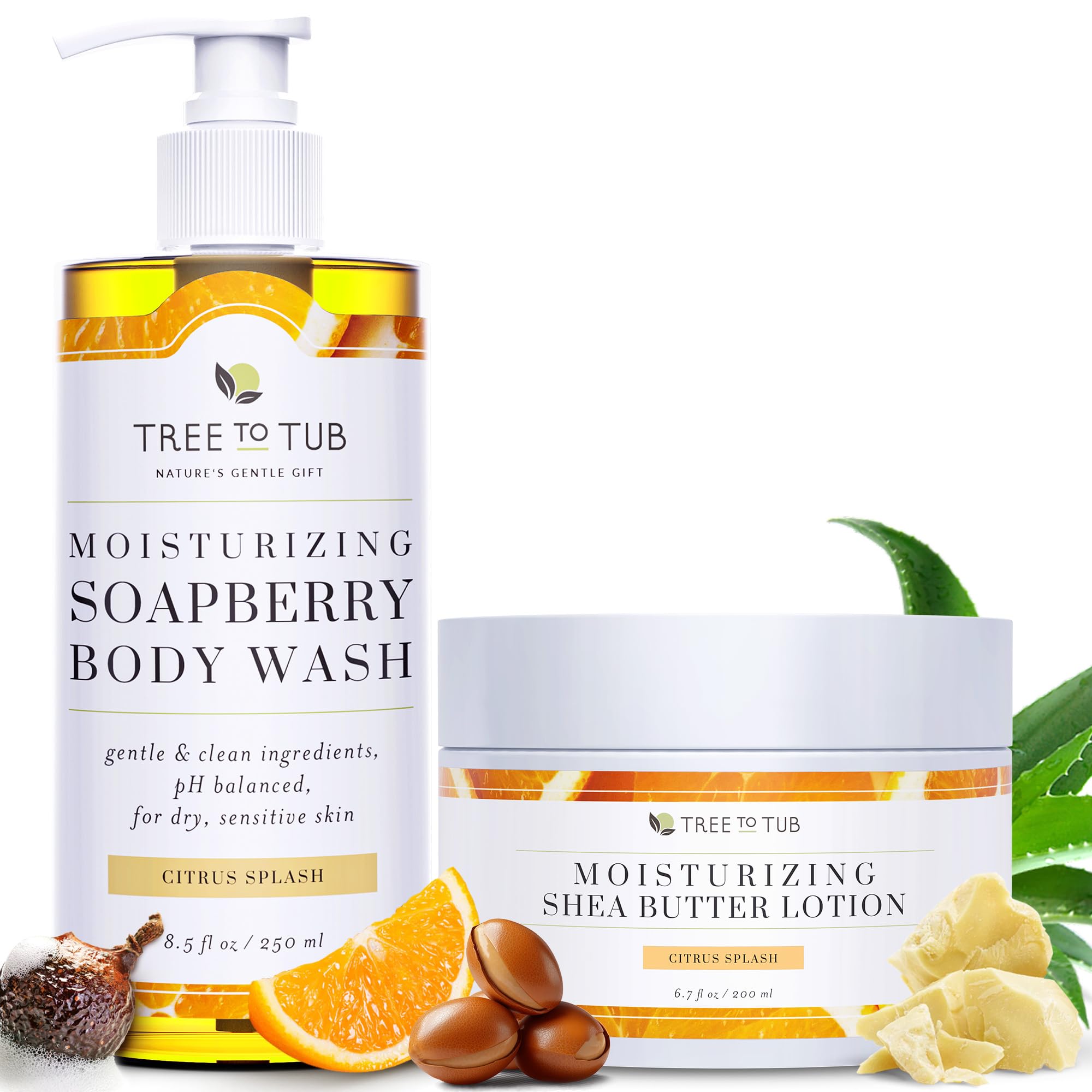 Tree to Tub Citrus Body Wash & Shea Body Butter for Dry, Sensitive Skin - pH Balanced Moisturizing Body Wash & Cream for Women & Men - Sulfate Free, Vegan - Perfect for Daily Shower & Post-Workout Hydration