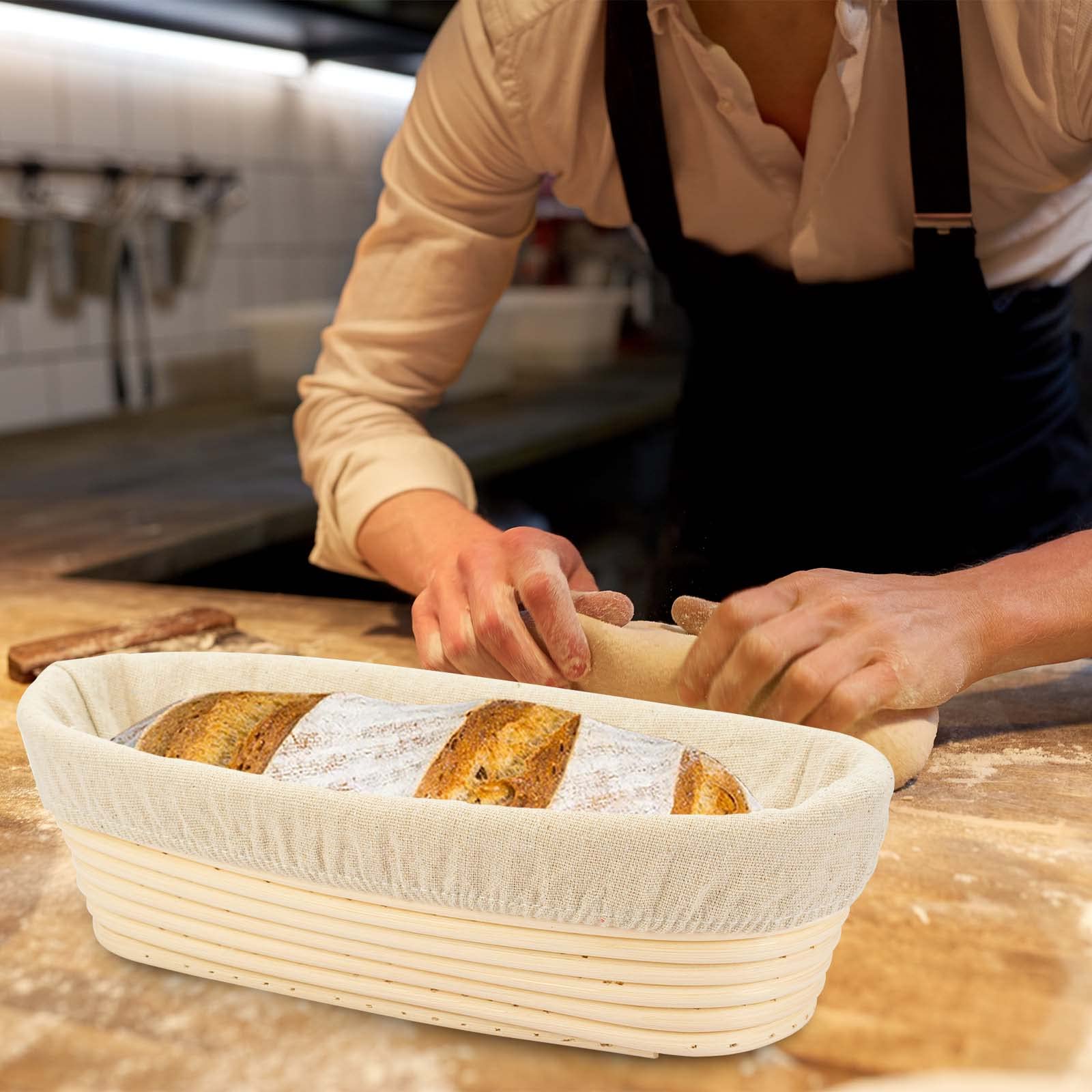 11.8 Inch Oval Long Banneton Bread Proofing Basket with Liner - Natural Rattan Dough Rising Basket for Sourdough, Artisan Bread Baking - Perfect for Home Bakers & Professional Bakeries