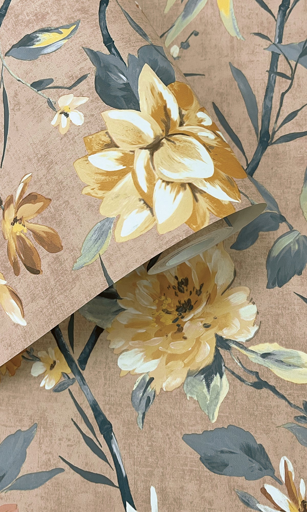 Coral Trailing Camellia Flowers Wallpaper R9618 - Elegant Floral Peel and Stick Wallpaper for Bedroom, Living Room, and Nursery Decor