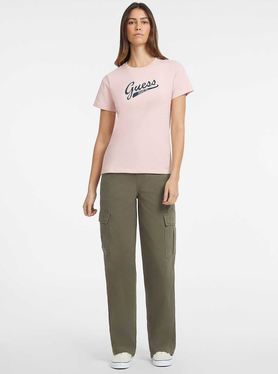 Guess Women's Light Pink Script Logo T-Shirt - Casual Cotton Tee for Everyday Wear & Outfits