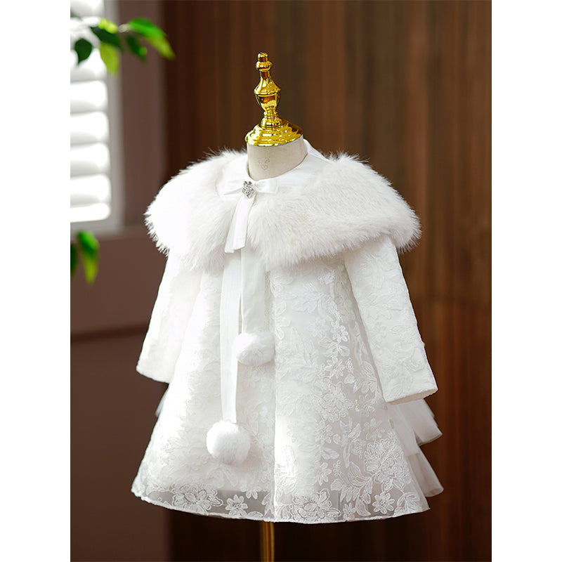 Baby Girl Flower Dress - Plush Lace Long Sleeve Baptism Princess Gown for Autumn Winter | Perfect for Christening, Holiday Photos & Special Occasions