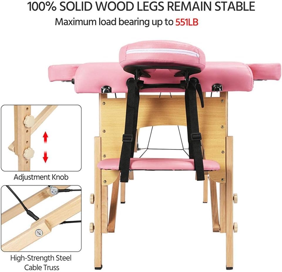 Portable Massage Table - Adjustable 2-Fold Spa Bed with Beech Wood Stands & PVC Leather - 84 Inch Professional Massage Therapy Table for Salon, Home Use - Includes Face Cradle (Pink) - Perfect for Relaxation, Deep Tissue & Swedish Massage Sessions
