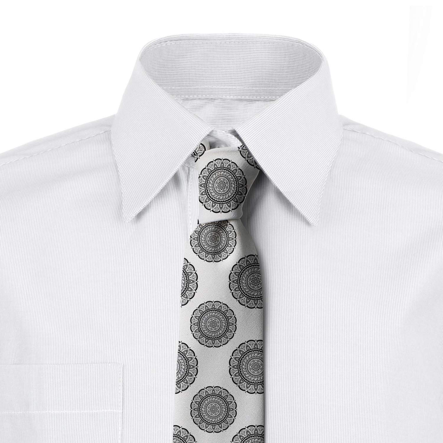 Ambesonne Men's Necktie with Round Pattern, Grey and White Silk Dress Tie - 3.7