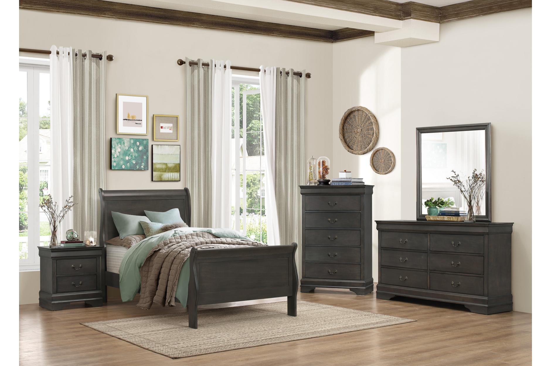 Coastal Grey Sleigh Bed Frame with Headboard & Footboard - Queen Size Bedroom Furniture Set for Master Bedroom & Guest Room - Modern Farmhouse Style Bed with Sturdy Wood Construction