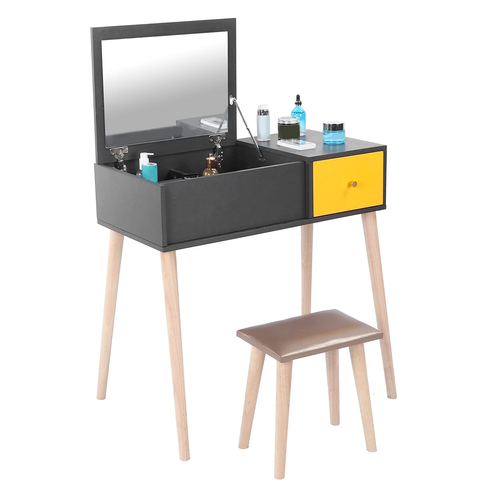 Modern Wooden Vanity Makeup Table with Flip Top Mirror & Cushioned Stool - Writing Desk for Small Spaces, Bedroom, Apartment - Black | Perfect for Makeup, Dressing & Home Office Work