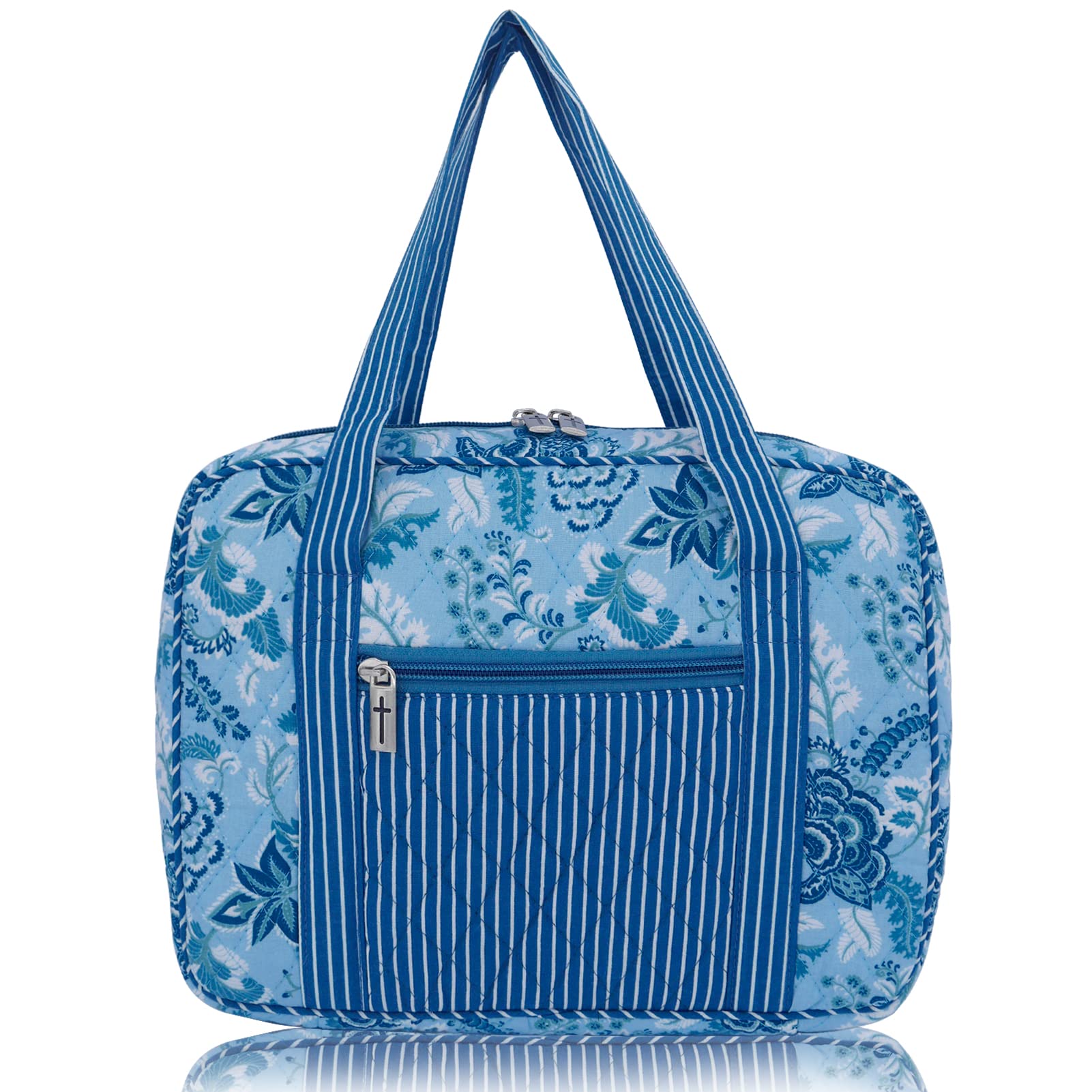 DIWI Quilted Cotton Bible Cover & Tote Bag - Extra Large (11.25 X 8.25 X 2.75 Inches) - XL Size, C2 Blue Memory - Perfect for Church, Bible Study, and Daily Devotion