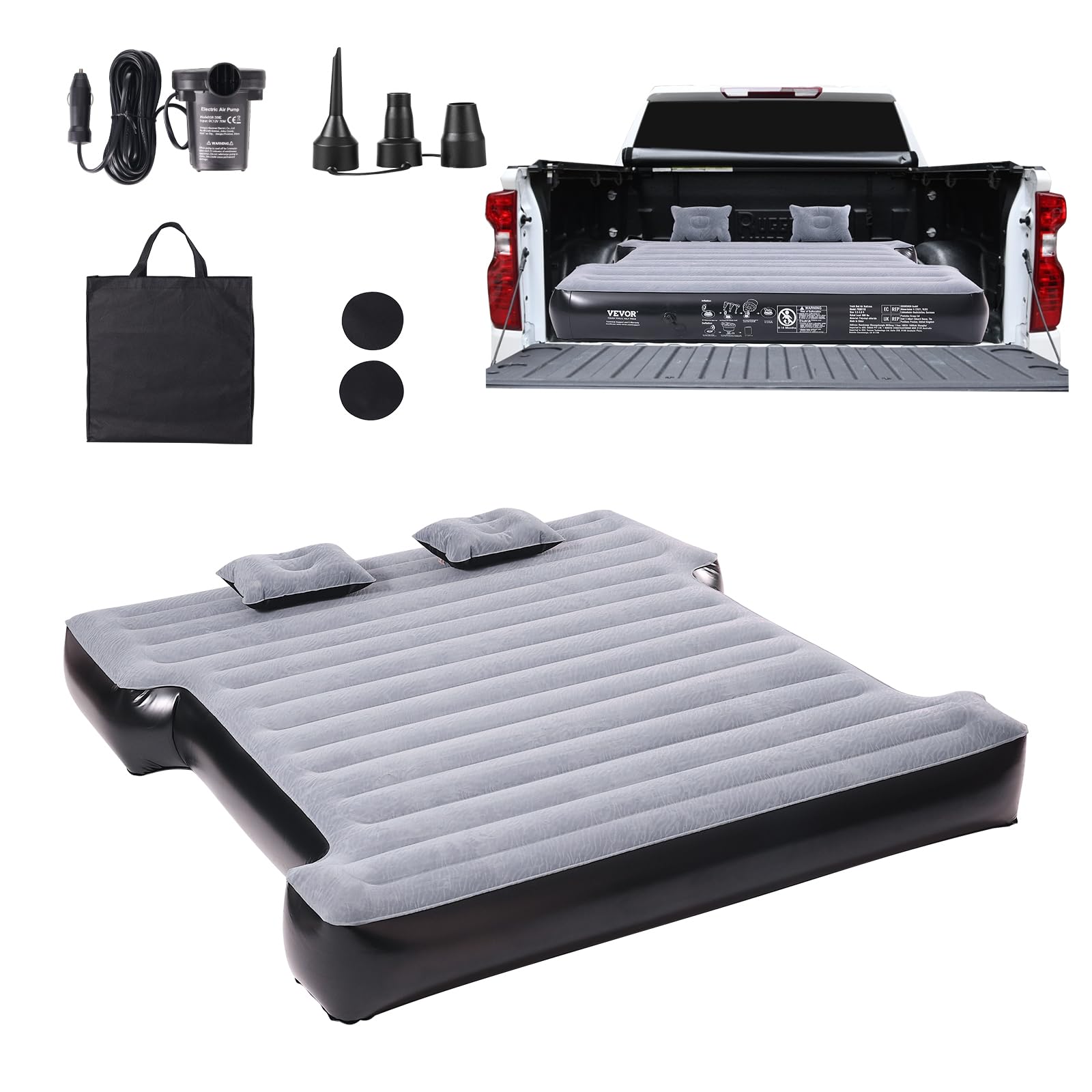 VEVOR Truck Bed Air Mattress for 5.5-5.8 ft Short Truck Beds - Inflatable Camping Mattress with 12V Air Pump, 2 Pillows & Carry Bag | Fits Silverado, RAM, F150, Sierra, Titan, Tundra | Perfect for Road Trips, Camping & Outdoor Adventures