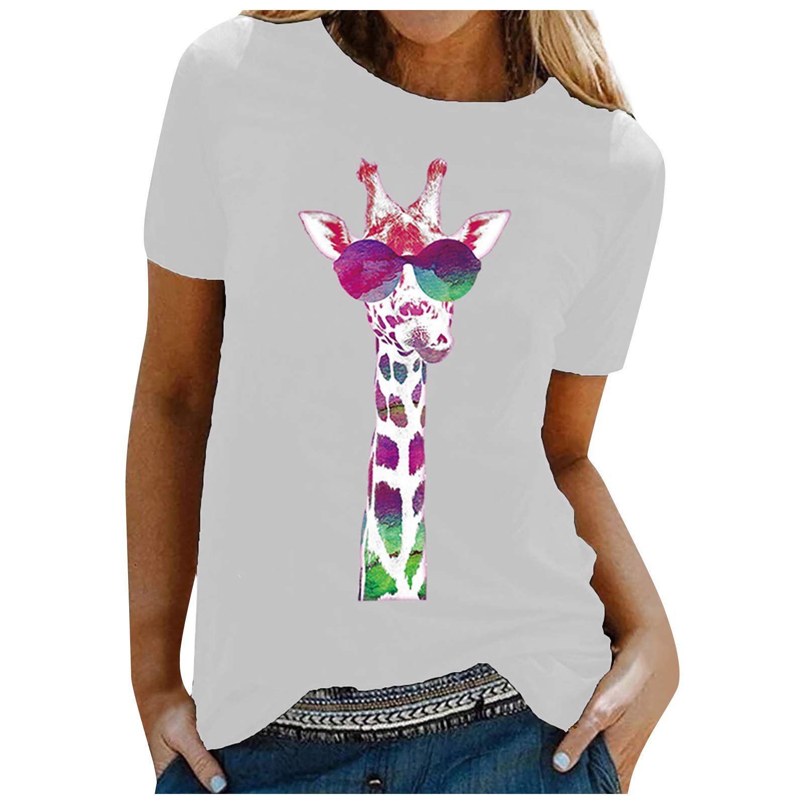 Women's Short Sleeve T-Shirt - Solid Giraffe Print O-Neck Blouse | Plus Size Floral Top for Casual Wear, Summer Outfits & Vacation Style