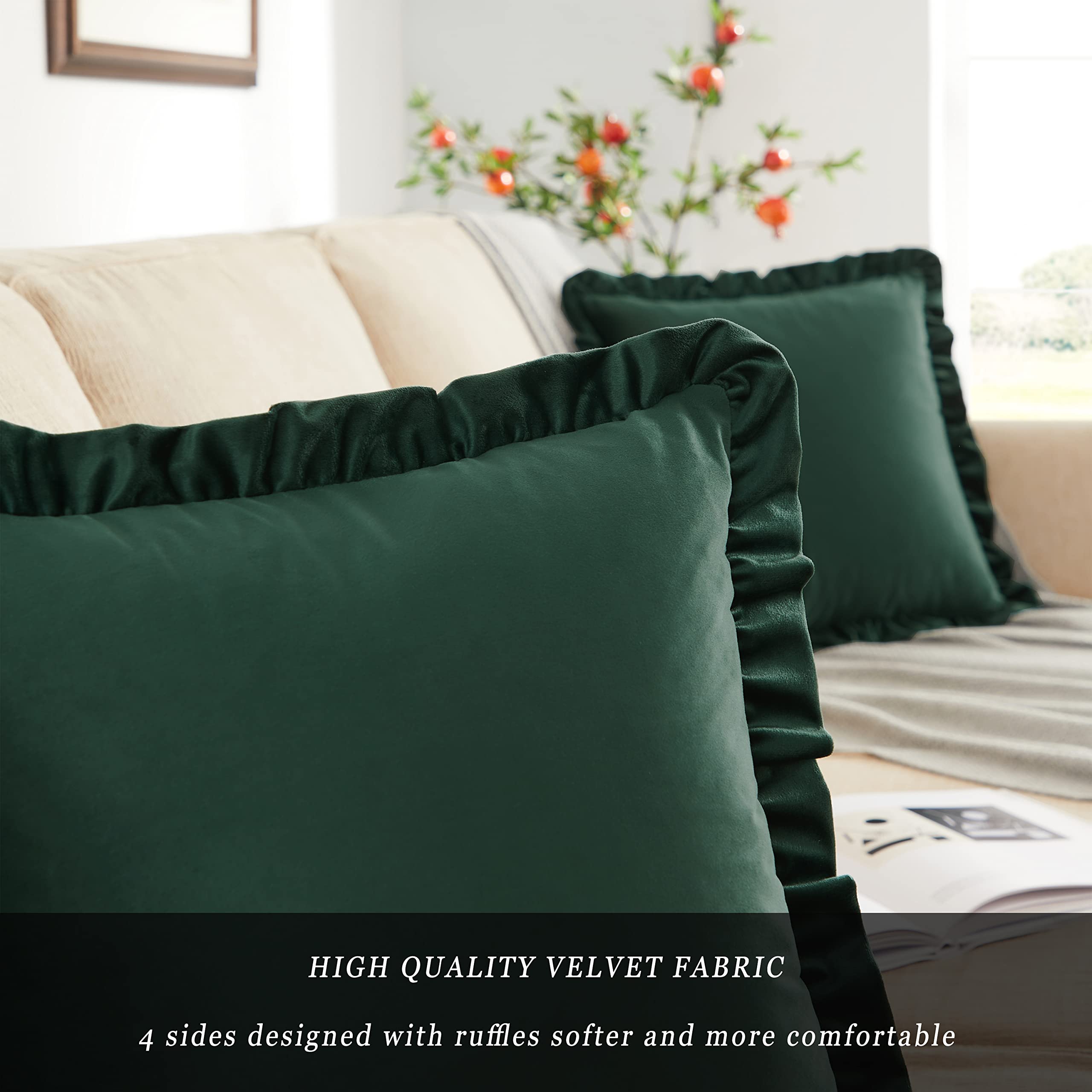 GIGIZAZA 16x16 Inch Army Green Velvet Ruffle Throw Pillow Covers Set of 2 - Decorative Cushion Covers for Sofa, Couch, Bedroom & Living Room Home Decor