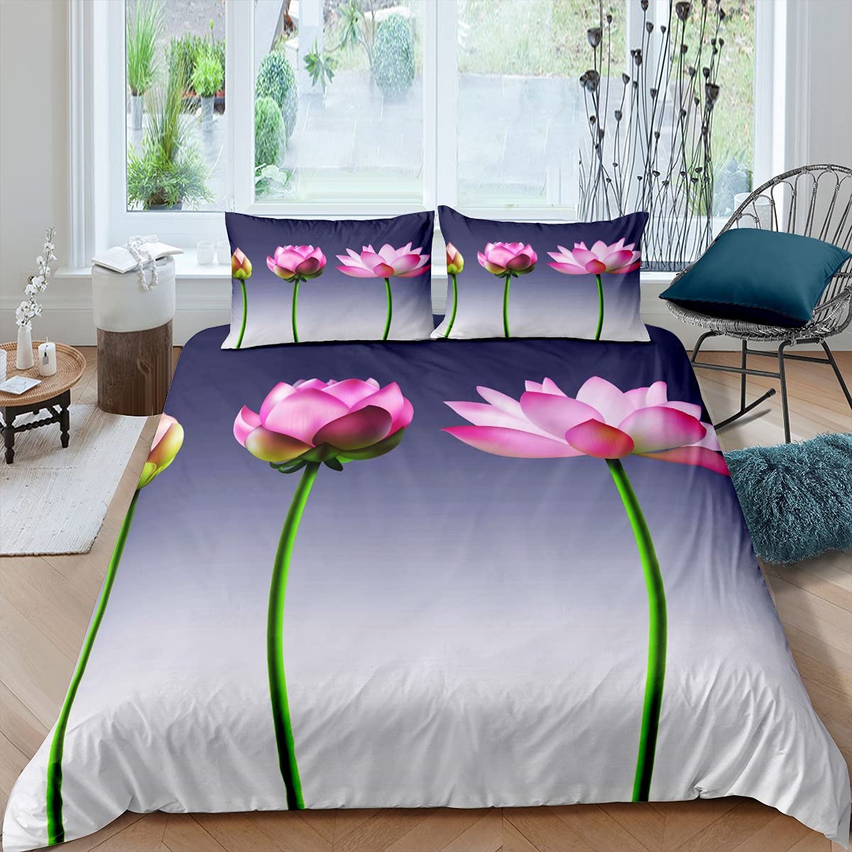 Feelyou Lotus Floral Duvet Cover Set for Kids & Teens - Pink Gradient Grey Waterlily Flower Branches Bedding Decor, 2PCS Twin Size with Zipper Closure | Perfect for Girls' Room, Nursery, Dormitory & Gift Giving