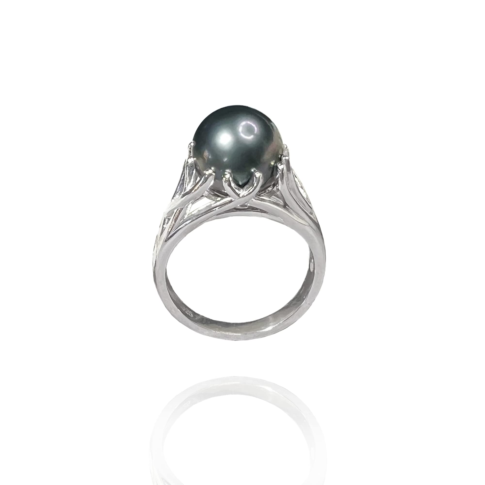 AAA Grade 10-11MM Tahitian Black Pearl Ring in Sterling Silver - Genuine South Sea Cultured Pearl Jewelry for Women - Perfect Valentine's Day Gift, Anniversary Present & Special Occasion Jewelry (Size US 6)