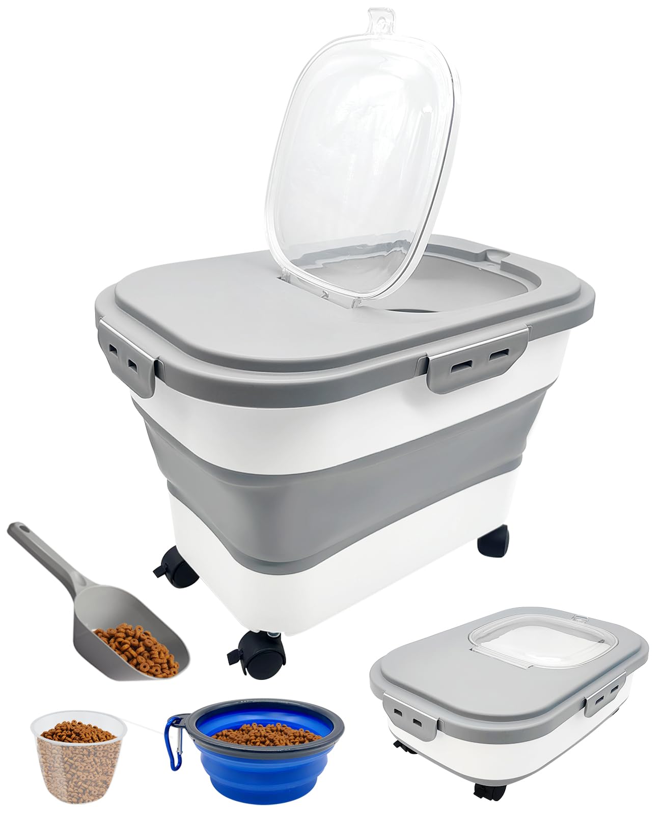 BNOSDM 15-20 Lbs Collapsible Dog Food Storage Container - Airtight Pet Food Bin with Folding Bowl, Measuring Cup & Scoop - Portable Dry Food Dispenser for Dogs & Cats - Perfect for Kitchen, Travel & Outdoor Use