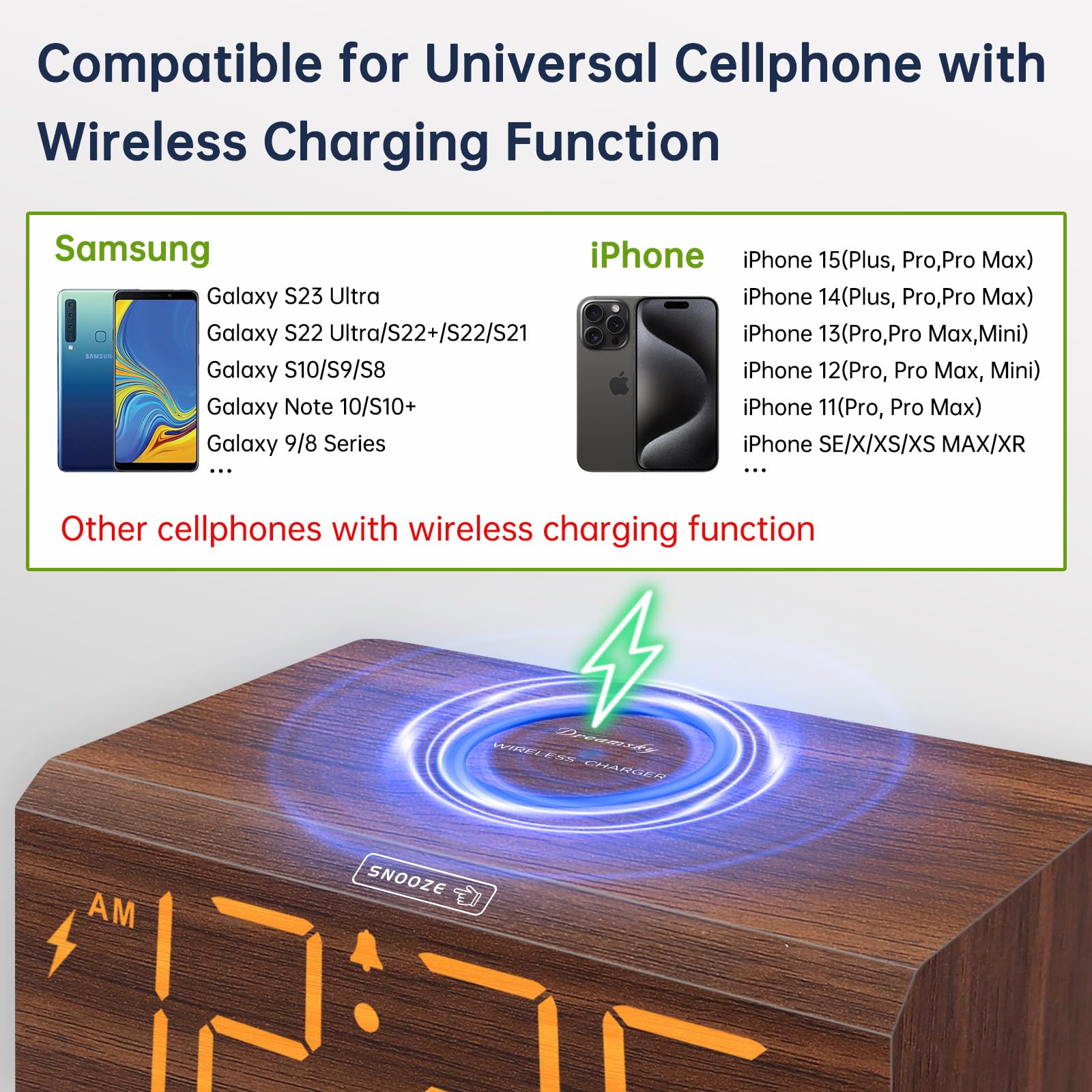 DreamSky Wooden Digital Alarm Clock with Wireless Charging - USB Charger Station, Large Display, Adjustable Volume & Brightness for Bedroom Nightstand | Perfect for Home, Office, Travel & Gift Giving