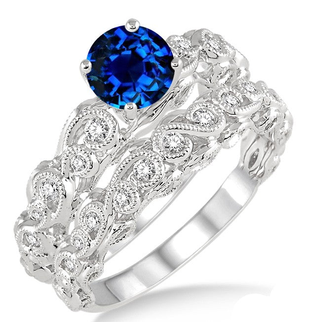 1.25 Carat Sapphire & Moissanite Diamond Infinity Bridal Set - Round Cut Moissanite in 10K White Gold - Perfect for Engagement Rings, Wedding Bands & Anniversary Gifts