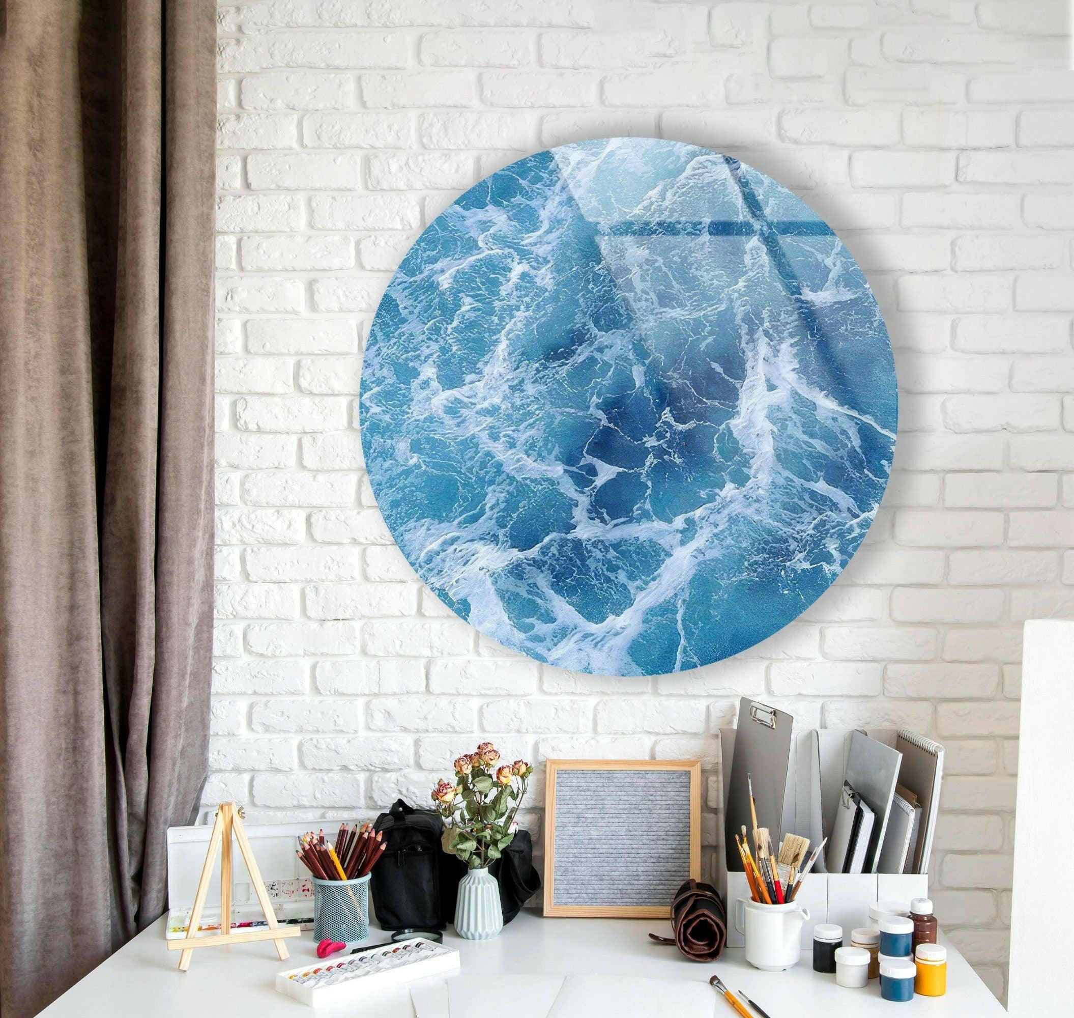Blue Ocean Waves Round Glass Wall Art - Coastal Decor for Living Room, Bedroom & Office - Handmade Seascape Mural for Home & Office Decor