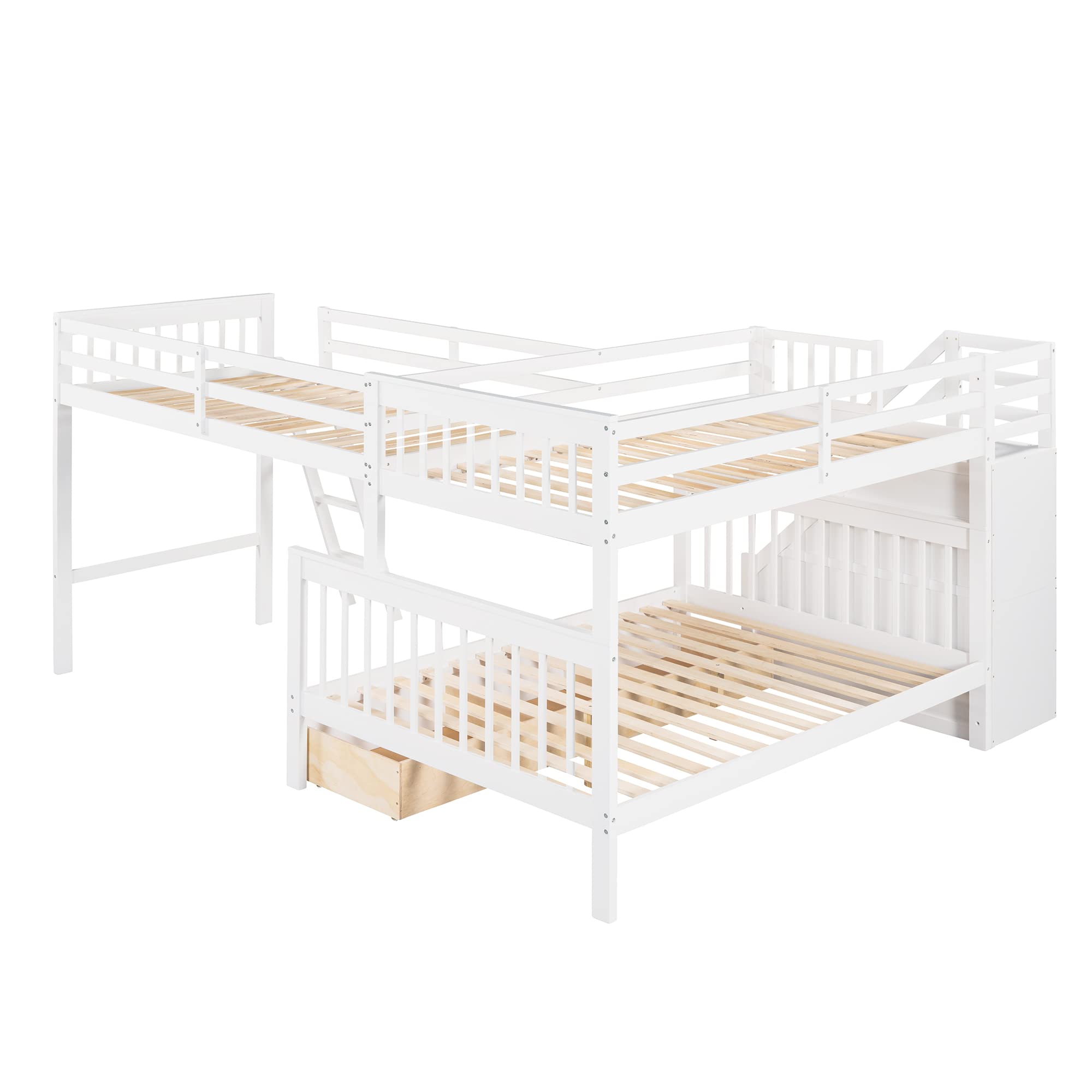 Merax White L-Shaped Triple Bunk Bed with Loft - Twin Over Full Size, Built-in Drawers, Safety Guardrails & Ladder - Space-Saving Kids Bedroom Furniture for Small Rooms & Shared Spaces