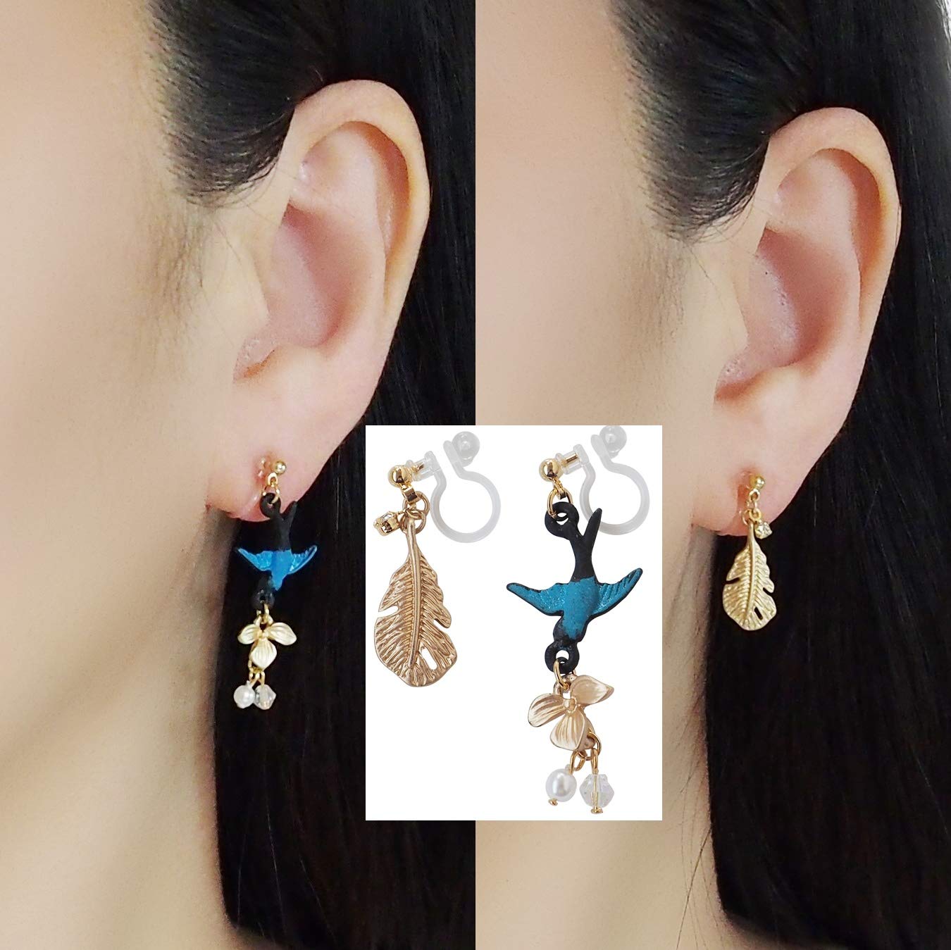 Miyabi Grace Clip-On Earrings for Women - Black & White Cat Dangle Non-Pierced Earrings with Cherry Blossom Flower Leaf Design | Comfortable Invisible Ear Clips for Work, Party & Everyday Wear