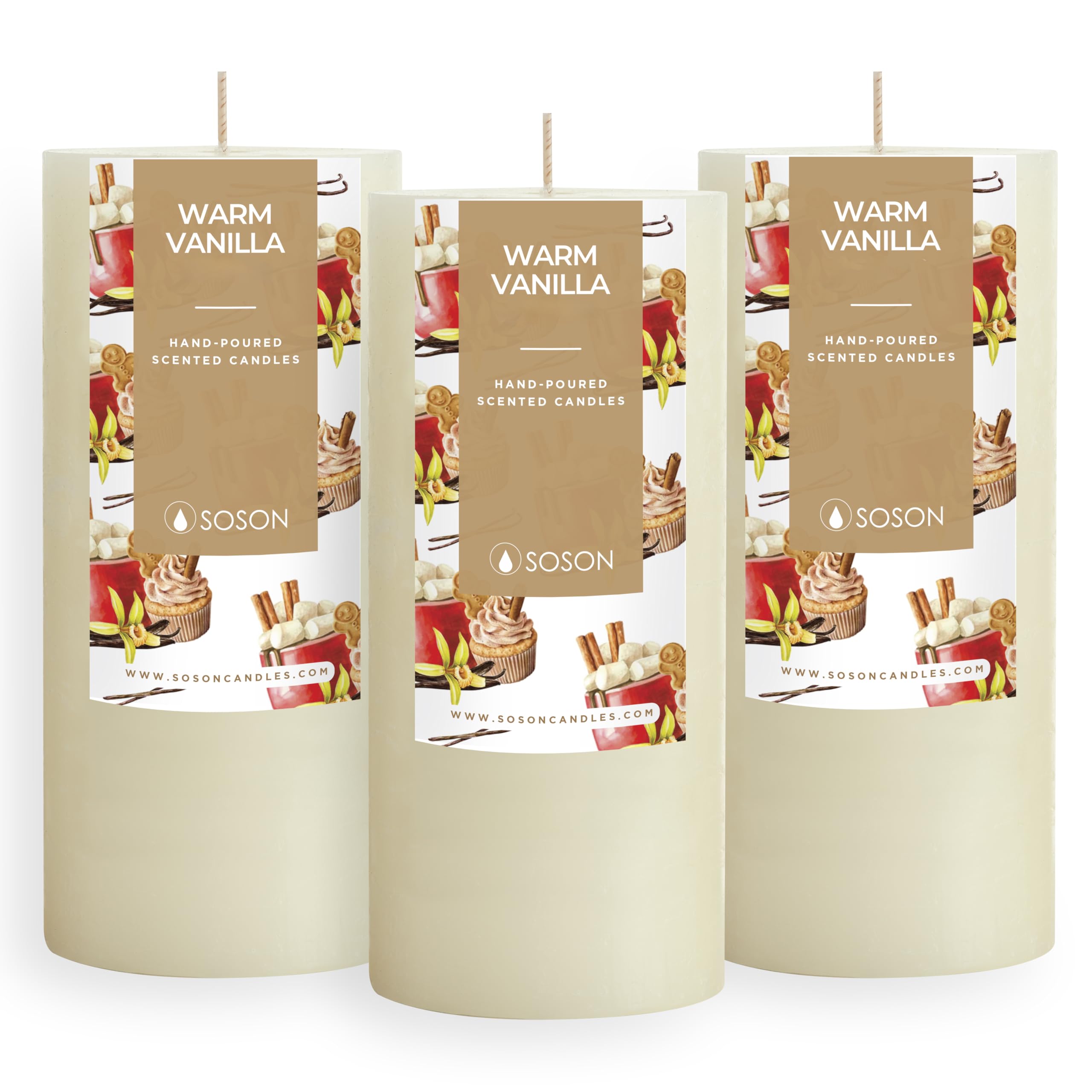 Simply Soson Warm Vanilla Sugar Scented Candles - Set of 3 Ivory Pillar Candles (3x6 inches) | Home Fragrance, Aromatherapy, Relaxation Gifts for Women | Perfect for Fall Decor, Cozy Evenings & Romantic Ambiance