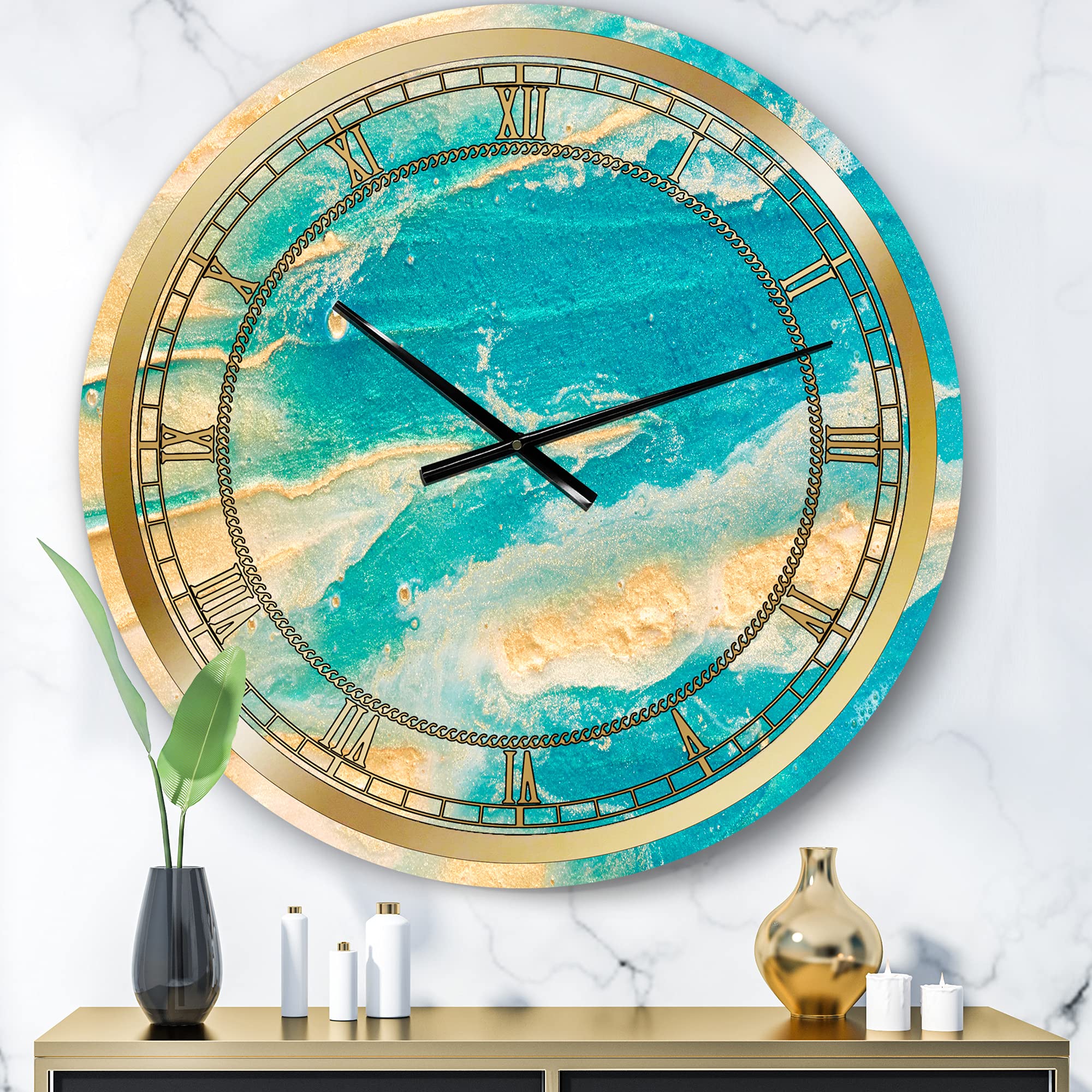 DesignQ Glam Wall Clock - Blue and Yellow Ocean Beach Oil Painting Style, Large Abstract Wall Art for Kitchen, Living Room, Bedroom Decor (29x29 Inches) - Perfect for Coastal, Boho, and Modern Home Decor