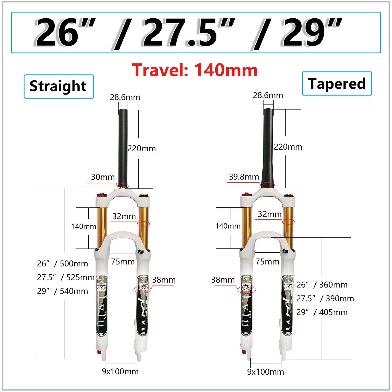 **26/27.5/29 Inch 140mm Travel Air Suspension Fork for Mountain Bike - 180mm Disc Brake Adapter, Straight Manual Lockout (Ideal for Trail Riding, Downhill & Cross-Country Biking)**