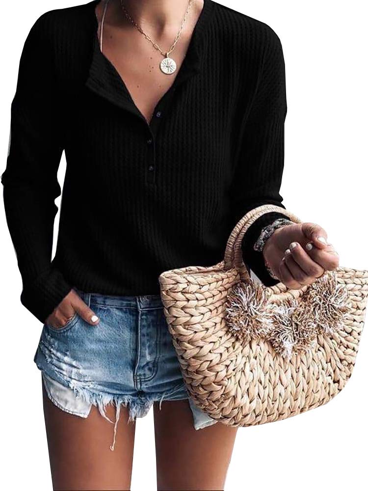 Women's V-Neck Henley Shirt Long Sleeve Button Down Top - Soft Waffle Knit Tee for Casual Wear, Layering & Fall Fashion