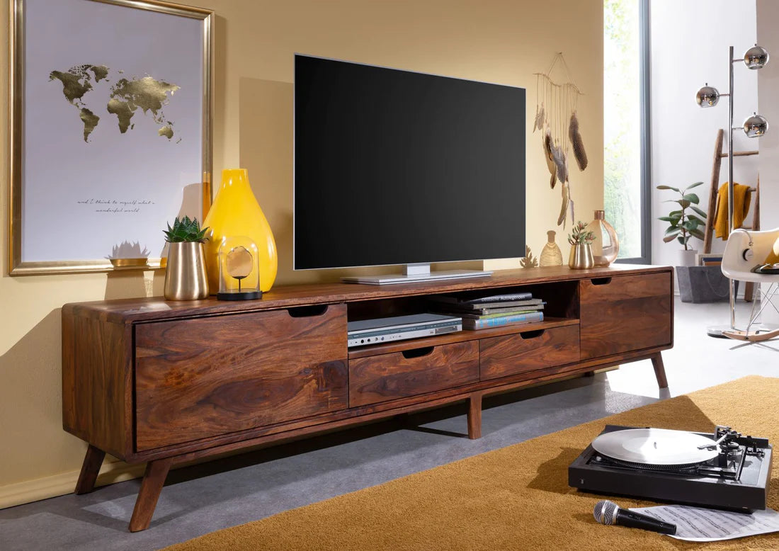 Gfine Solid Sheesham Wood TV Stand with 2 Doors & 2 Drawers - 175x40x50Cm Modern Entertainment Center for Living Room, Bedroom & Home Theater