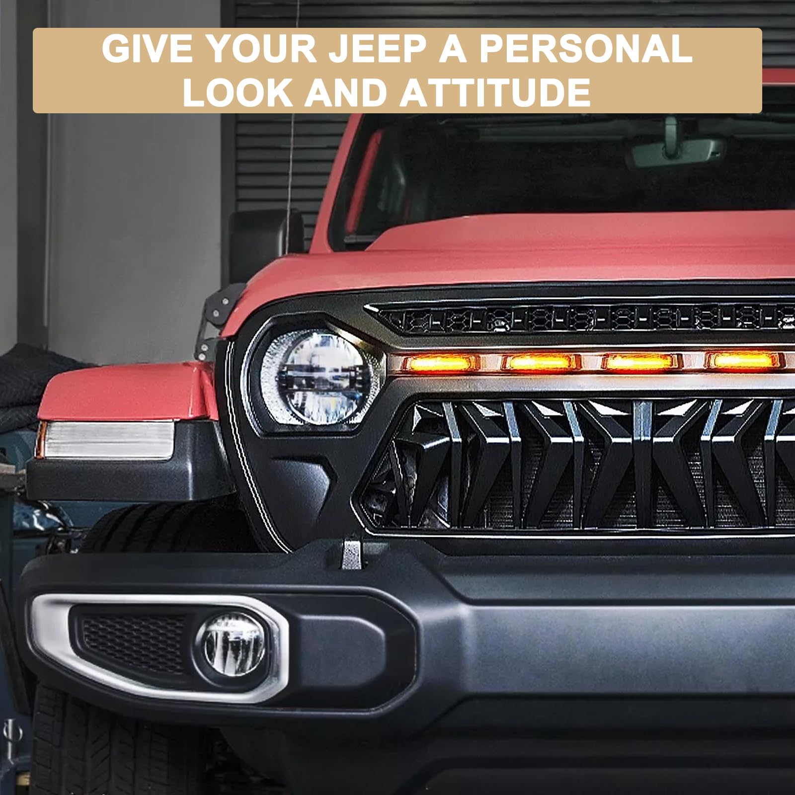 Shark Front Grill Mesh Grille Cover Matte Black for Jeep Wrangler JK JKU Unlimited Rubicon Sahara Sport (2007-2018) with Amber LED Running Lights & Mesh Inserts | Off-Road Protection & Stylish Upgrade