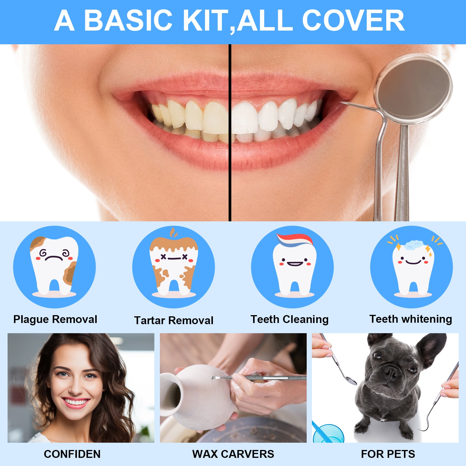 Mitimi 6-Piece Stainless Steel Dental Tools Set - Professional Plaque Scaler & Tartar Remover for Teeth Cleaning - Perfect for Dentists, Hygienists & Home Oral Care