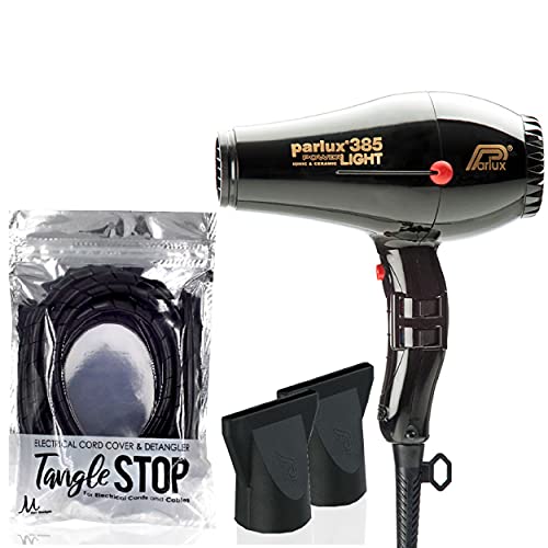 Parlux 385 Powerlight Ionic & Ceramic Hair Dryer with M Hair Designs Tangle Stop Cord Cover Detangler - Professional Salon Blow Dryer for Smooth, Frizz-Free Hair - Perfect for Home & Salon Use