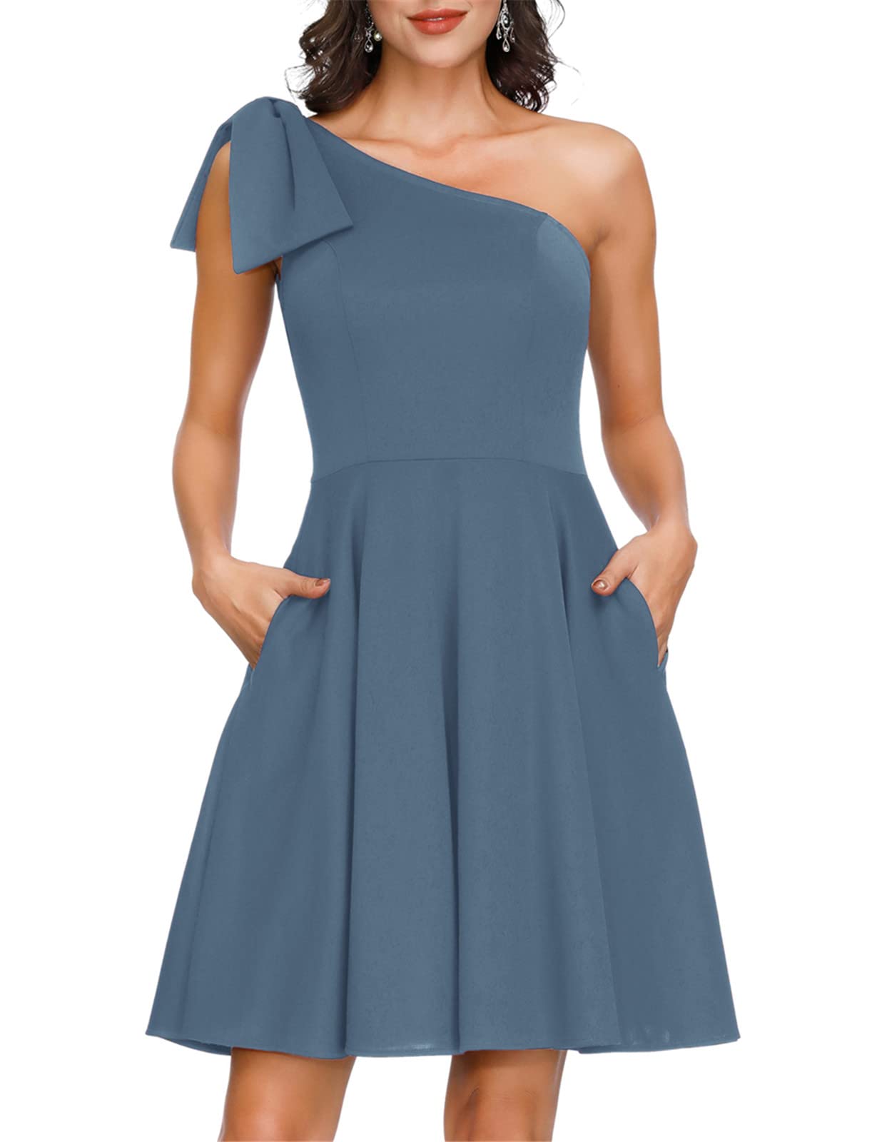 JASAMBAC Women's One Shoulder Bow Dress with Pockets - A-Line Cocktail Party Dress for Weddings, Date Nights & Special Occasions
