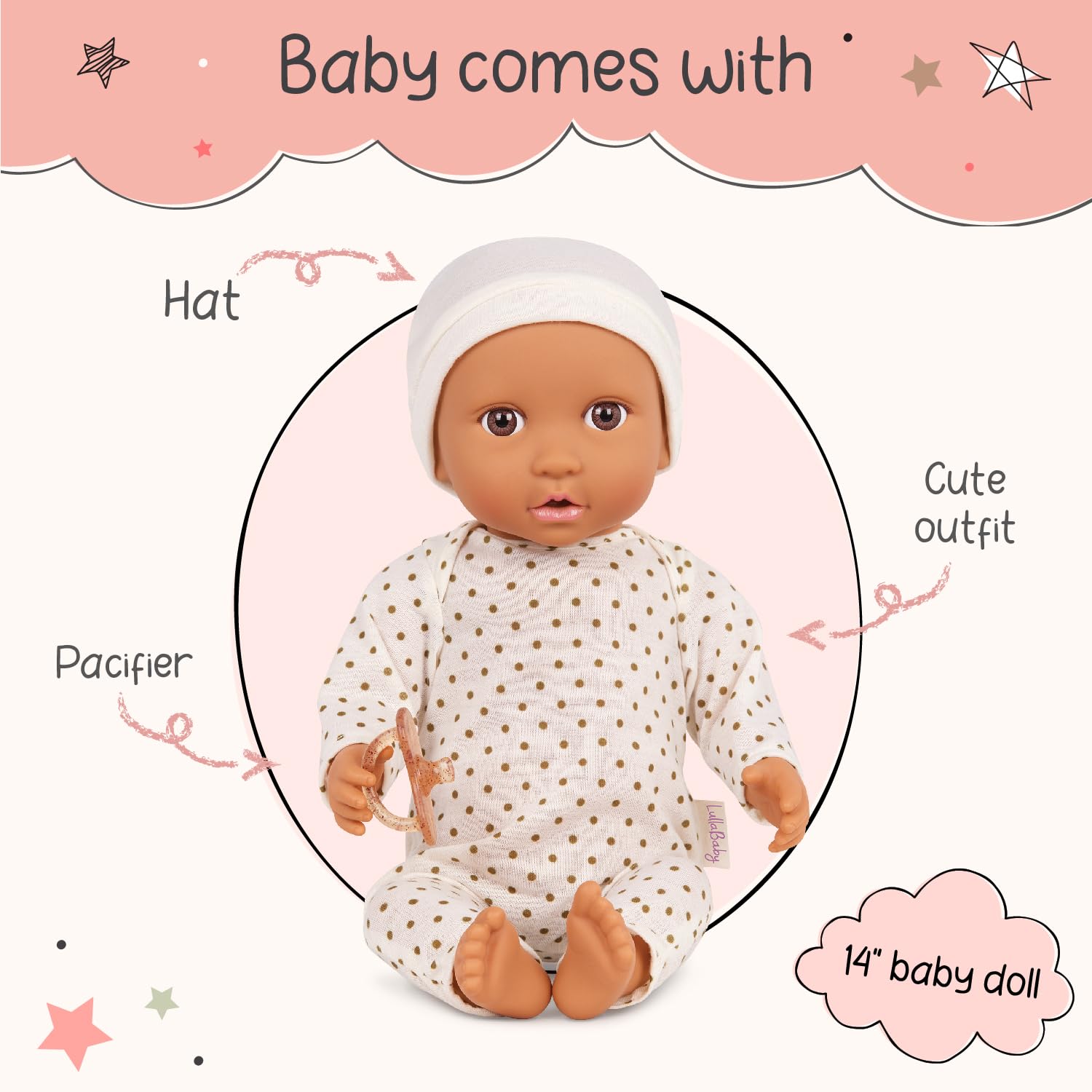 LullaBaby 14-inch Realistic Baby Doll with Soft Body & Removable Outfit - Ivory Hat & Pacifier Accessories - Perfect Gift for Toddlers Ages 2+ (Ivory Polka Dot Pajama) - Great for Role Play, Pretend Play & Early Childhood Development