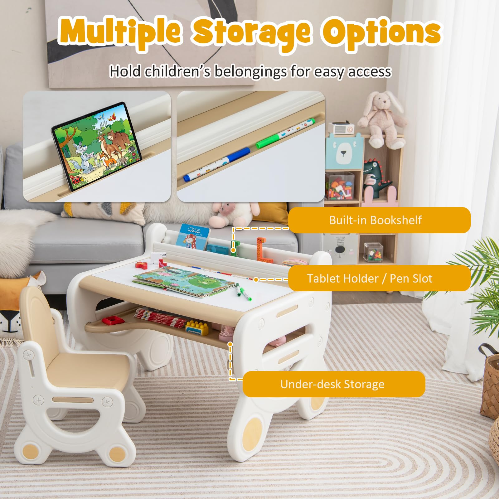 Costzon Kids Table and Chair Set - Plastic Activity Table with Watercolor Pens, Blackboard Eraser & Storage Shelf for Drawing, Reading, Playing & Eating - Toddler Table and Chair Set (Coffee) - Perfect for Preschool Learning, Arts & Crafts, and Playroom Activities
