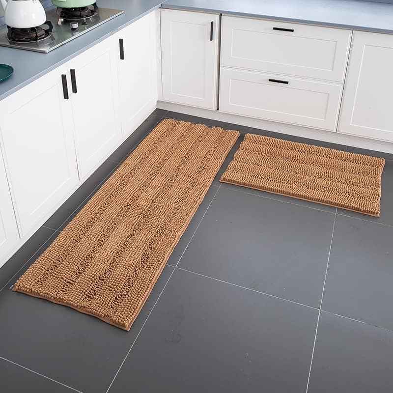 Premium 2-Piece Chenille Bathroom Rug Set - Ultra Soft, Non-Slip & Super Absorbent Shower Mats (16x24 + 20x32 Inches, Wheat) - Perfect for Bathroom Floor, Shower Entrance & Spa-Style Home Decor