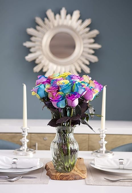 Premium 12 Rainbow Roses Bouquet with Glass Vase - Fresh Cut Flowers for Birthday, Anniversary, Valentine's Day, Mother's Day, Sympathy, Get Well & Thank You Gifts - Perfect for Home Decor, Wedding Centerpieces & Romantic Surprises