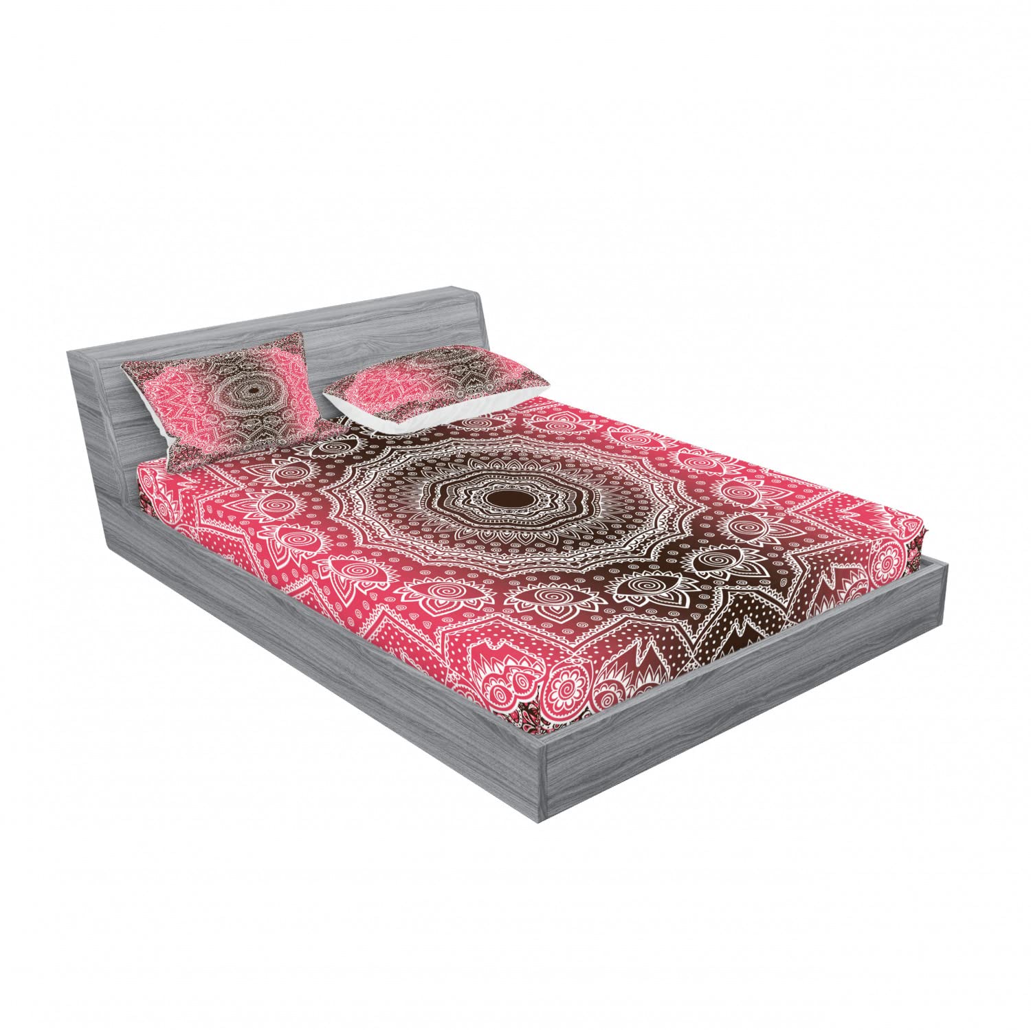 Ambesonne 2-Piece Bohemian Mandala Queen Bedding Set - Ombre Fitted Sheet & 4 Pillow Shams in Hot Pink/Brown - Retro Home Decor for Boho Chic Bedrooms & Guest Rooms