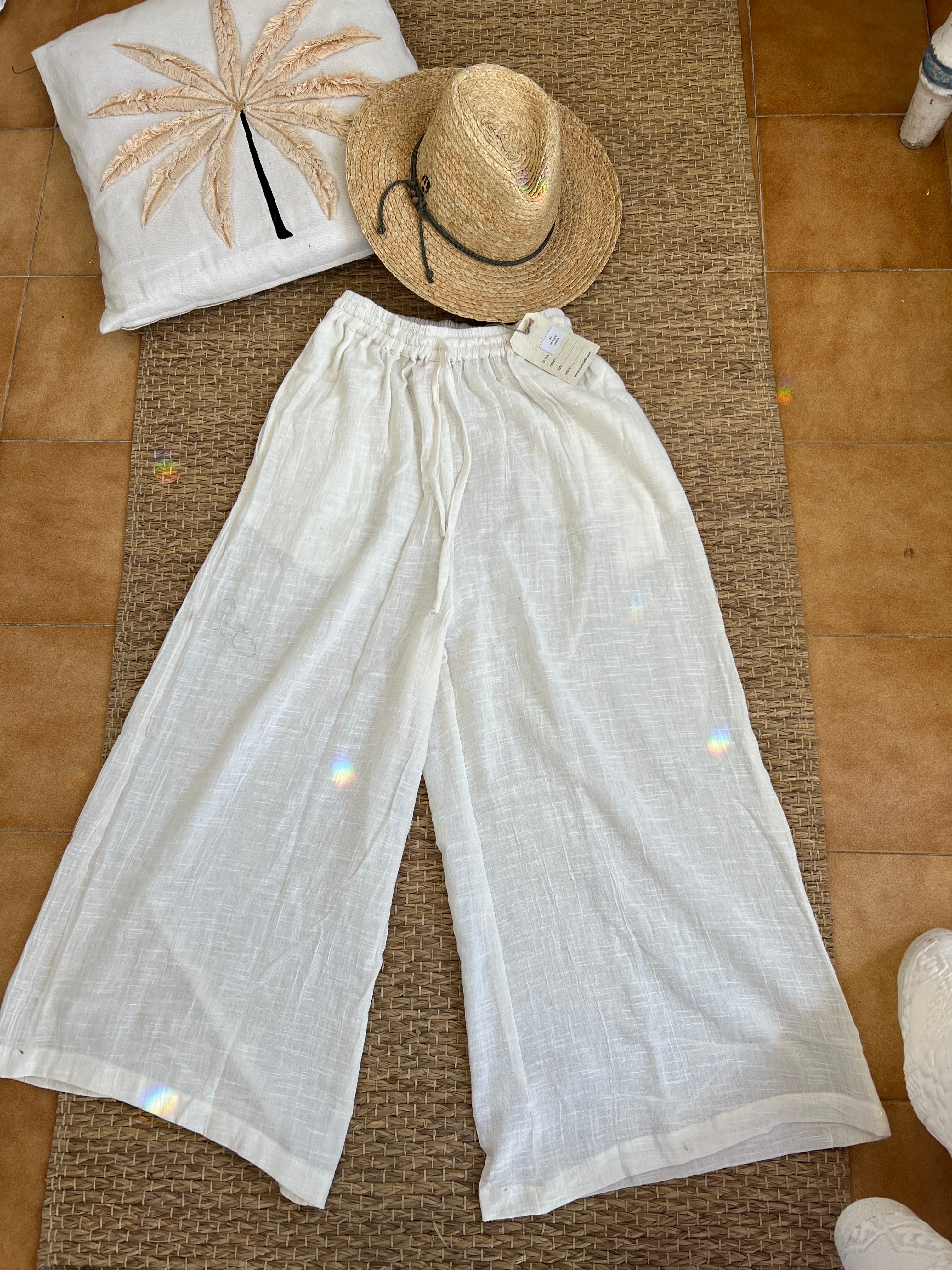 Flair White Linen Boho Pants for Women - Comfortable Summer Wide Leg Trousers for Beach, Vacation & Casual Wear