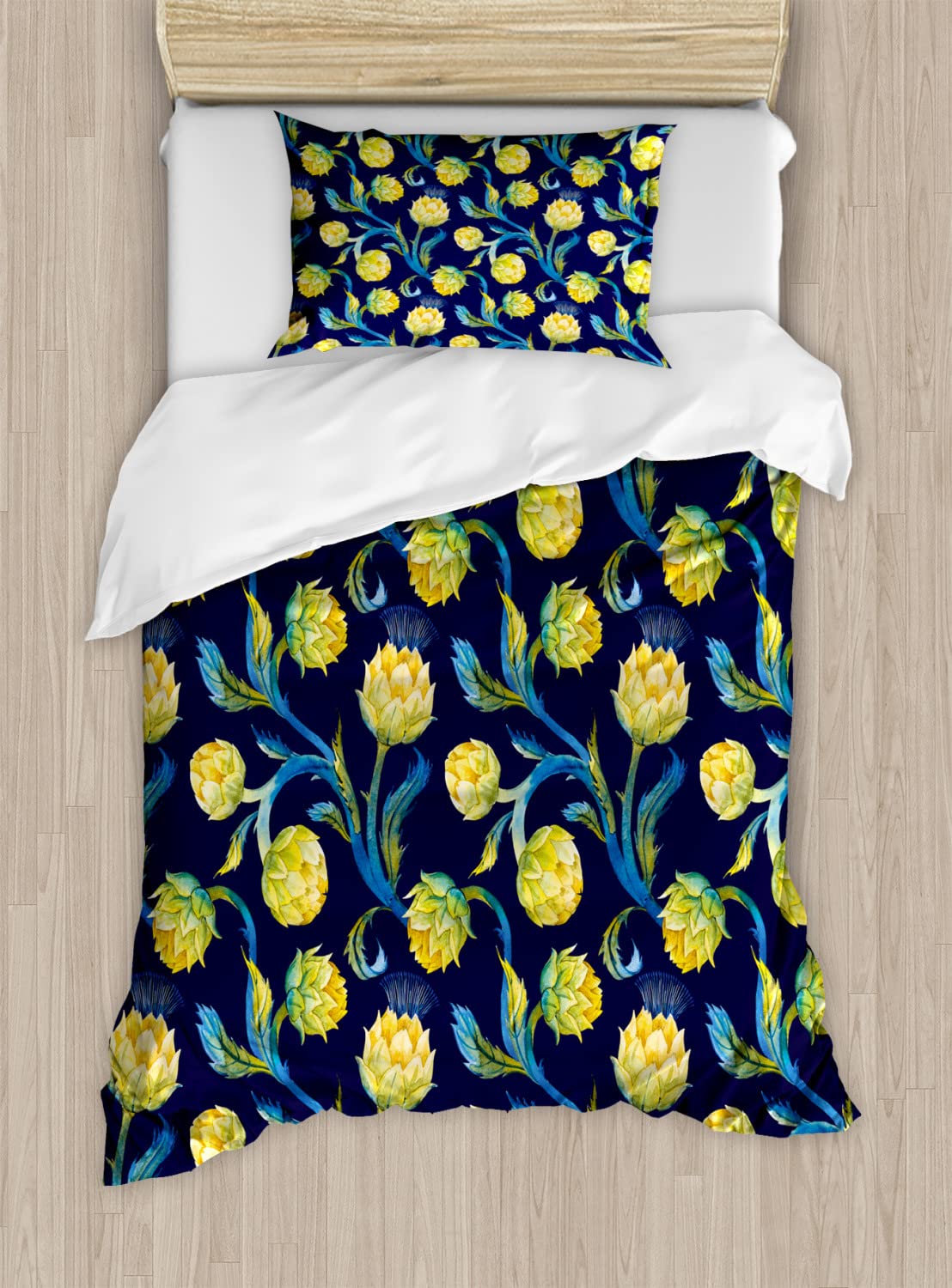 Ambesonne Artichoke Duvet Cover Set - King Size 2-Pack with 2 Duvet Covers & 4 Pillowcases | Watercolor Art Nouveau Abstract Design in Blue Violet Yellow | Soft Bedding for Modern & Bohemian Bedrooms