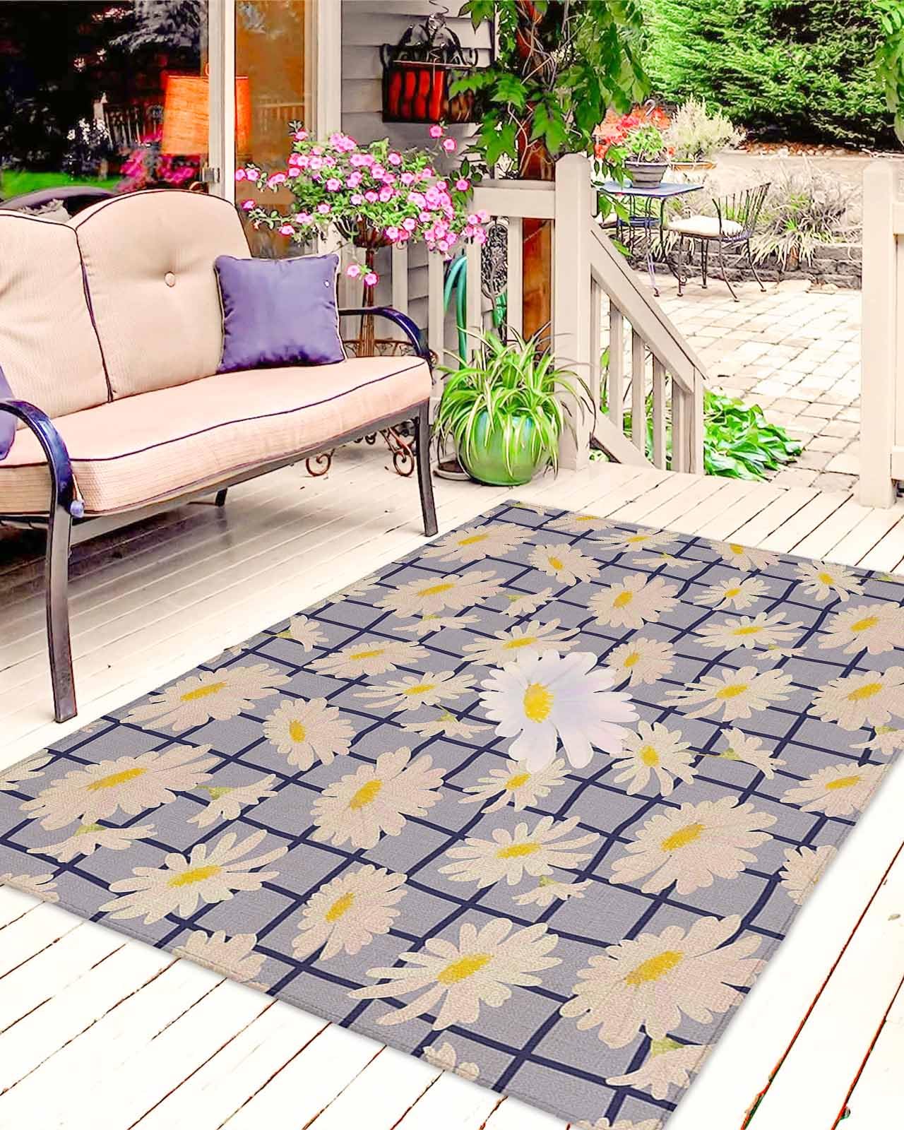 5x8 Ft Spring Floral Outdoor Rug - Reversible Washable Non-Slip Patio Rug for Deck, Camping & Farmhouse Decor | Daisy Botanical Purple Plaid Design | Indoor & Outdoor Use for Garden, Porch & Backyard