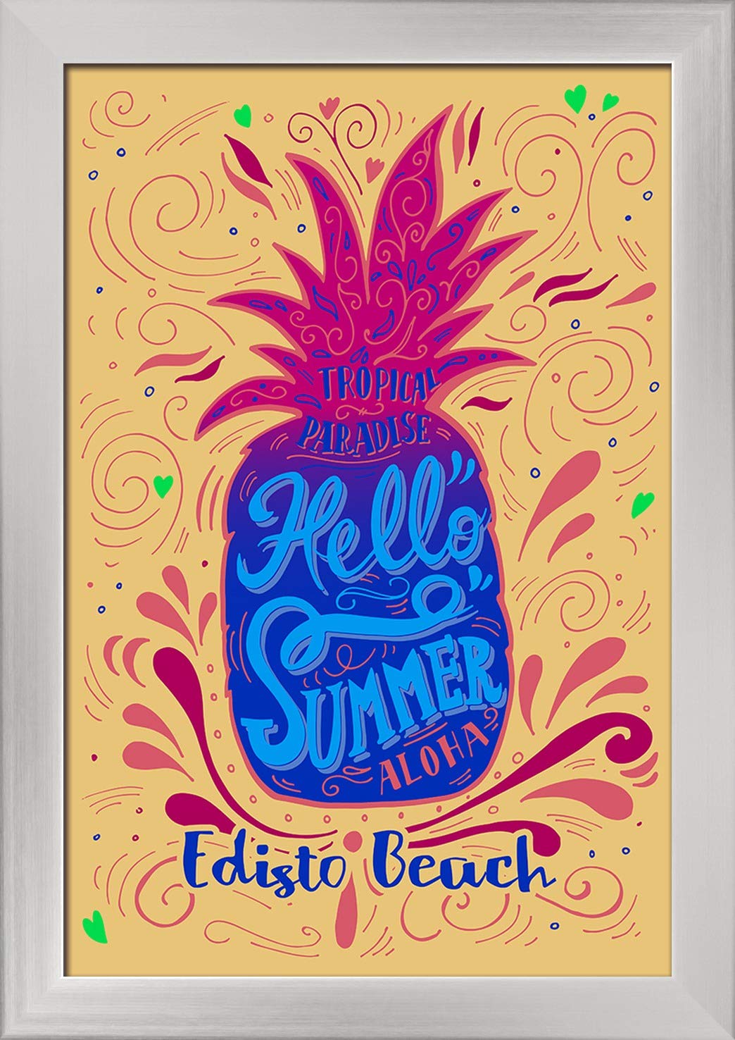 12x18 Giclee Fine Art Print of Edisto Beach South Carolina - Summer Pineapple Theme in Recycled Wood Frame with Silver Finish | Perfect for Coastal Home Decor, Beach House Wall Art & Summer Vacation Gifts