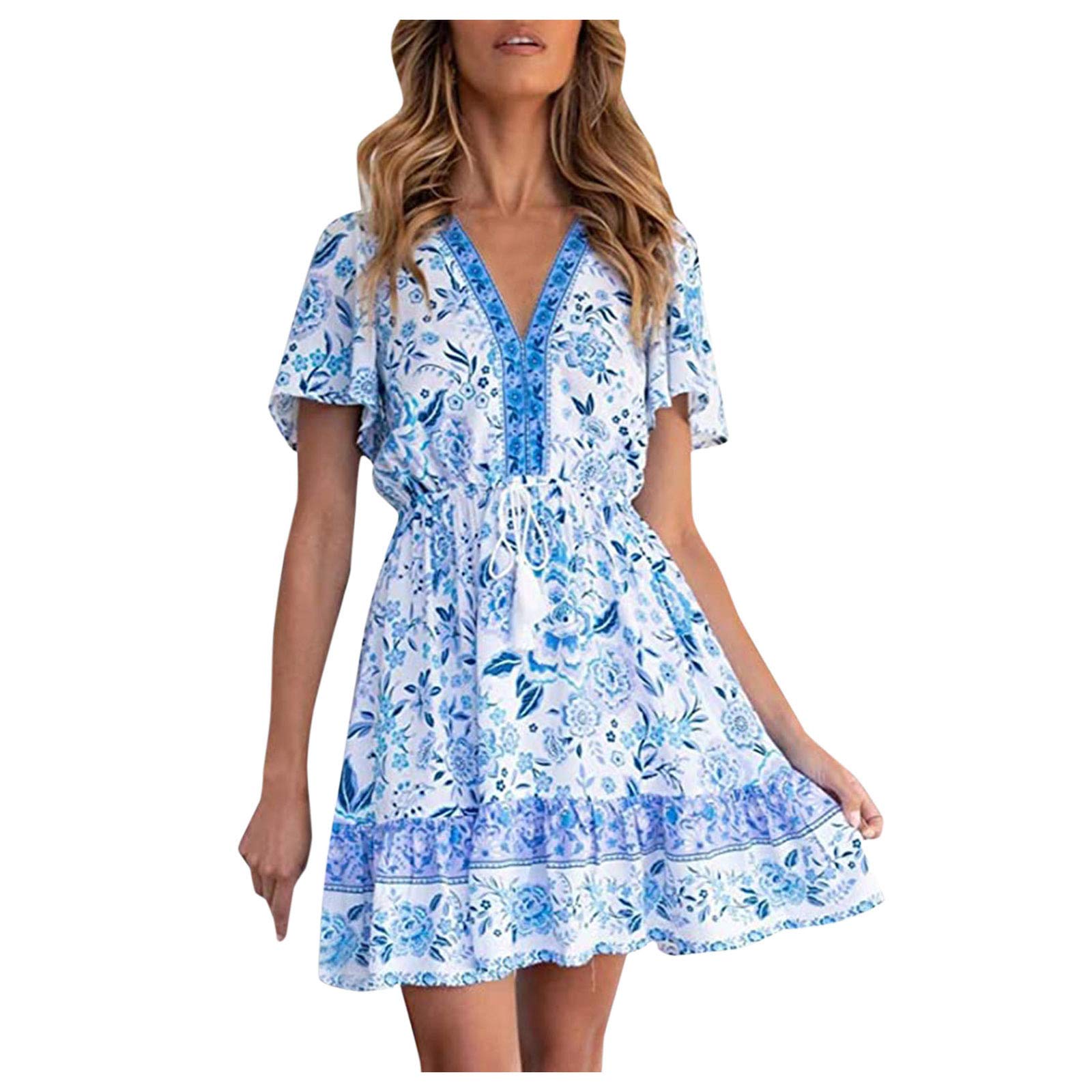 Boho Floral Print Mini Dress for Women - Short Sleeve V-Neck Summer Casual Dress | Perfect for Beach Vacations, Music Festivals & Date Nights