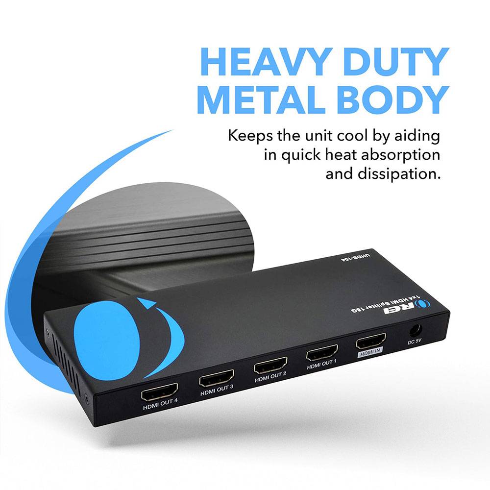 1×4 HDMI Splitter 18Gbps 4K 60Hz HDR - UHDS 104 - Duplicate & Mirror HDMI Signal for Home Theater, Gaming & Multi-Screen Setup