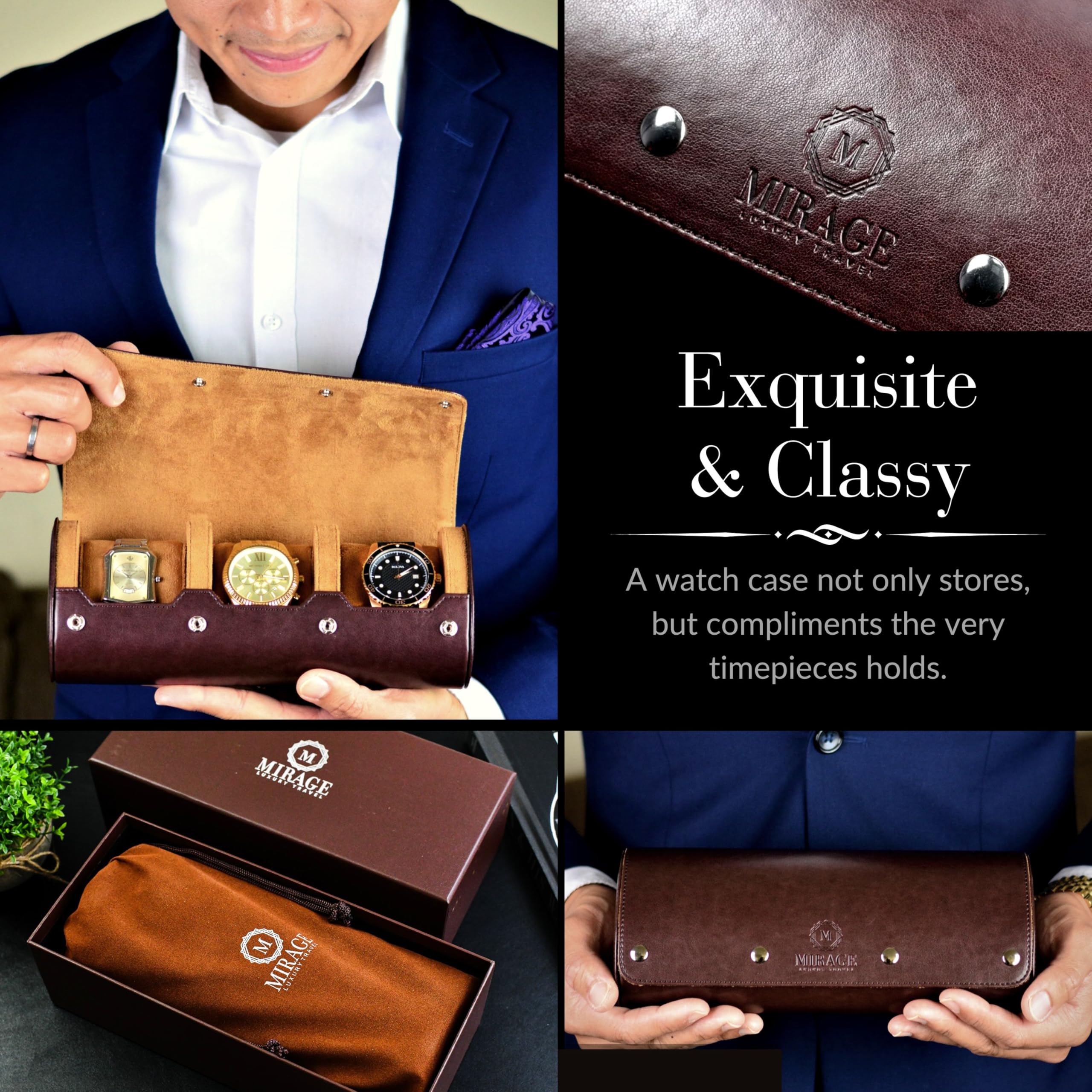 Premium Men's Travel Watch Case - Swiss Espresso Vegan Leather Watch Roll Organizer & Display Box | Perfect for Business Trips, Vacations & Watch Collection Storage